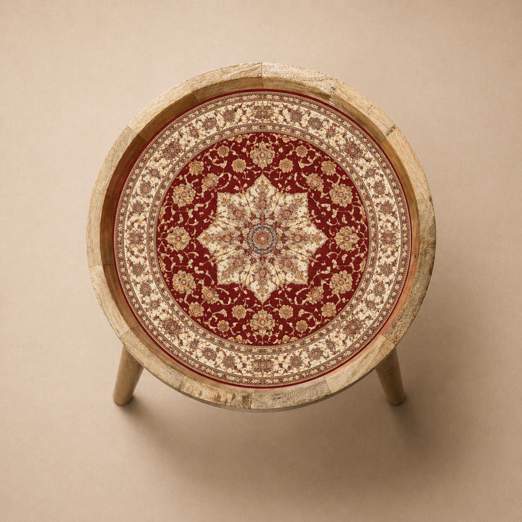 Handmade Mango Wood Side Table | Persian Mandala Print Boho Accent Table