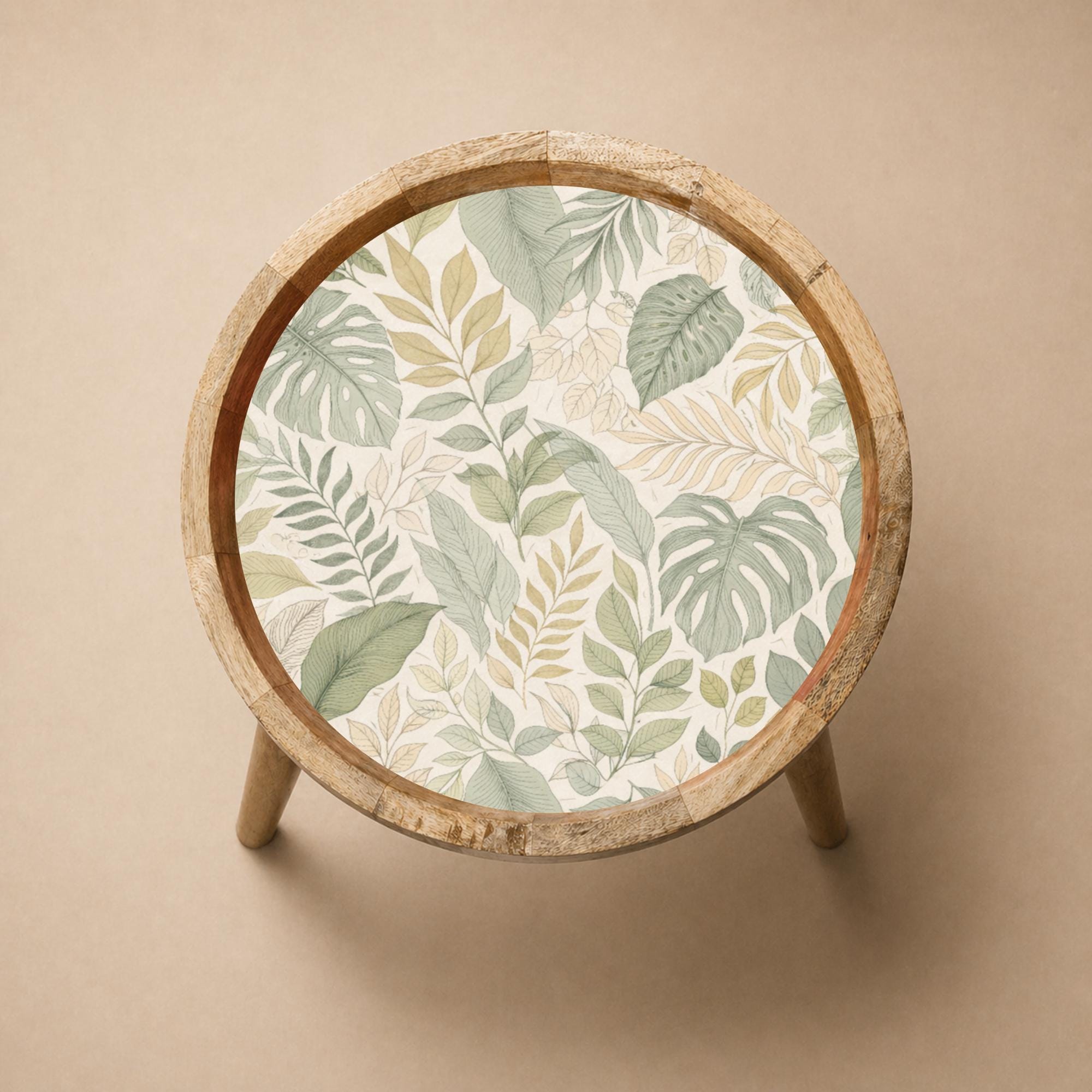 Handmade Mango Wood Side Table | Botanical Leaf Print Round Accent Table