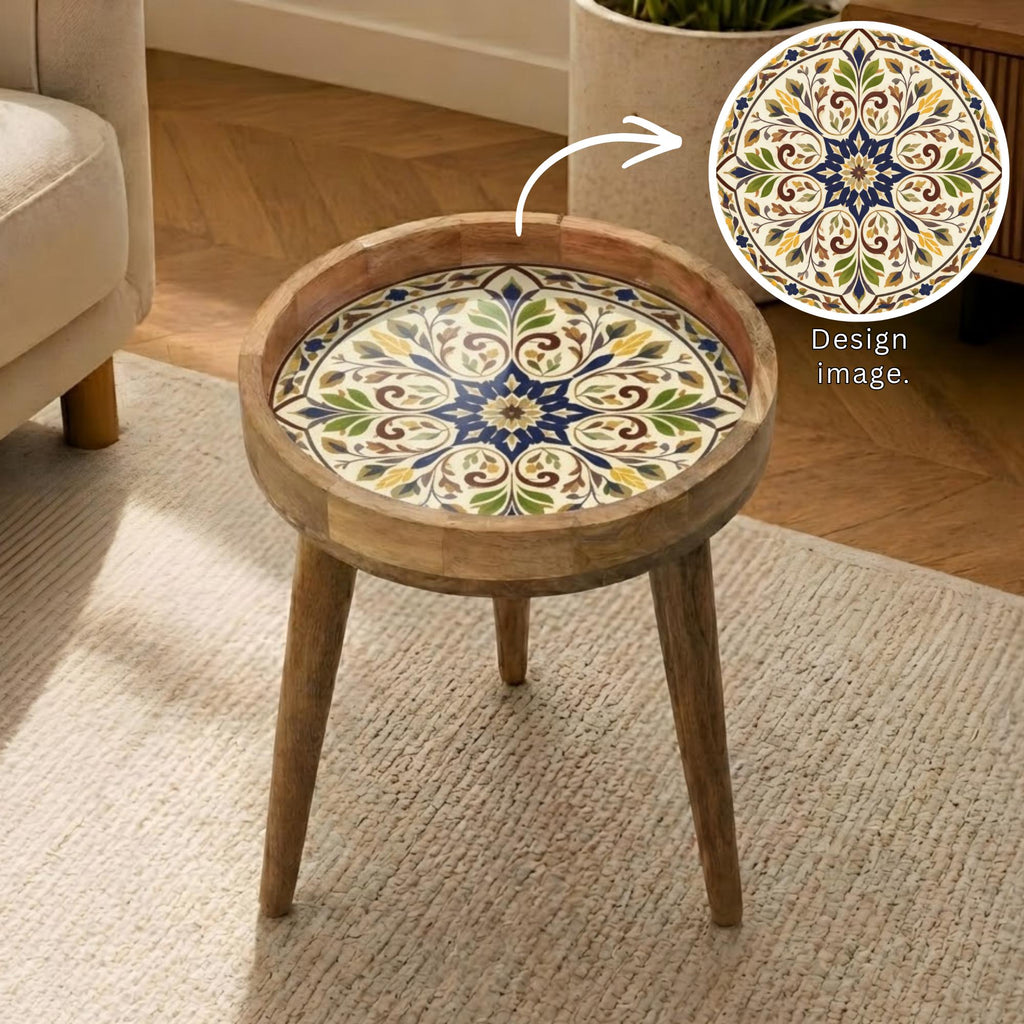 Handmade Mango Wood Side Table | Vintage Tile Print Round Accent Table
