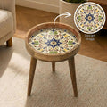Handmade Mango Wood Side Table | Vintage Tile Print Round Accent Table