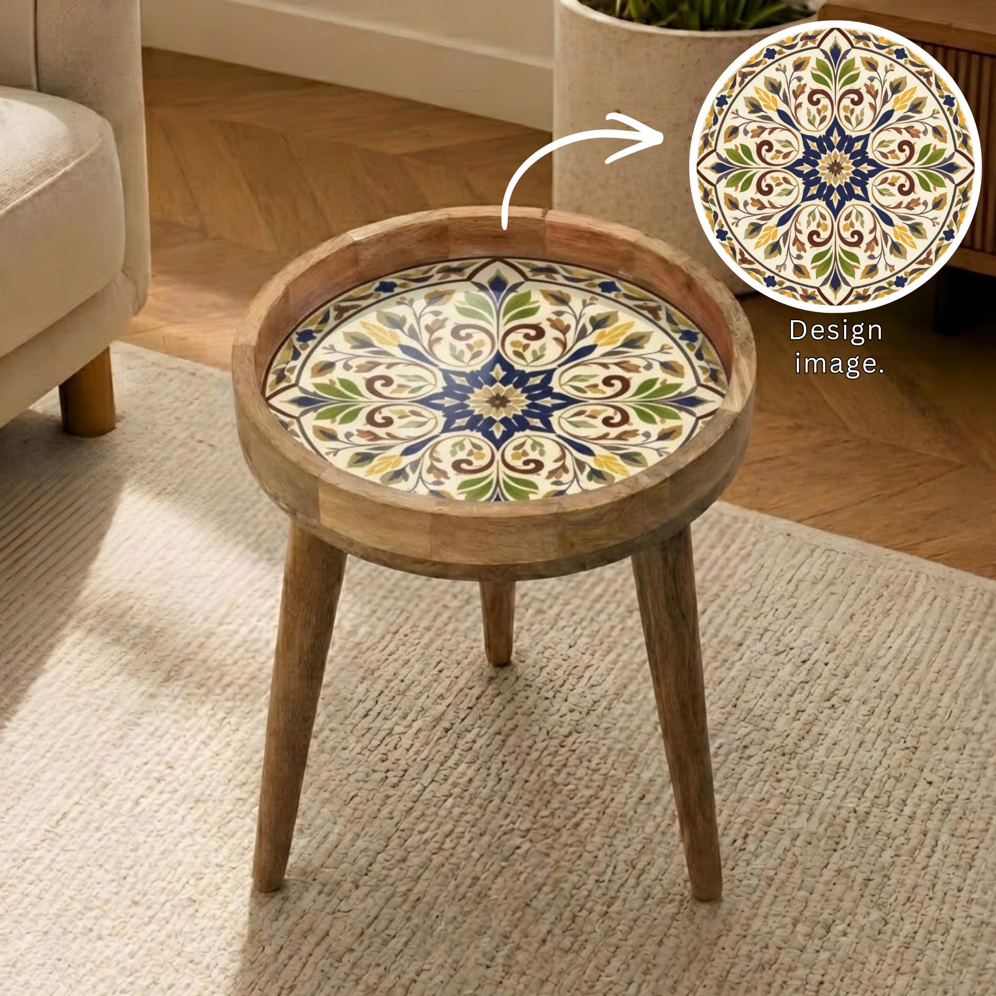 Handmade Mango Wood Side Table | Vintage Tile Print Round Accent Table