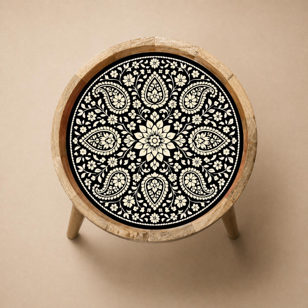 Handmade Mango Wood Side Table | Black Mandala Print Boho Accent Table