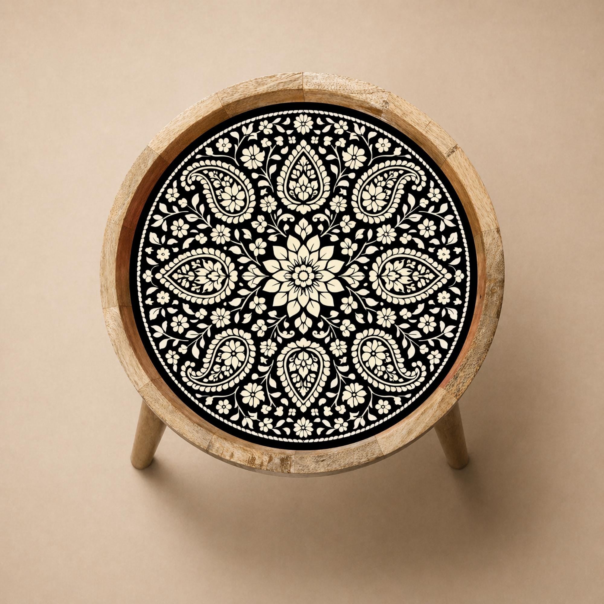 Handmade Mango Wood Side Table | Black Mandala Print Boho Accent Table