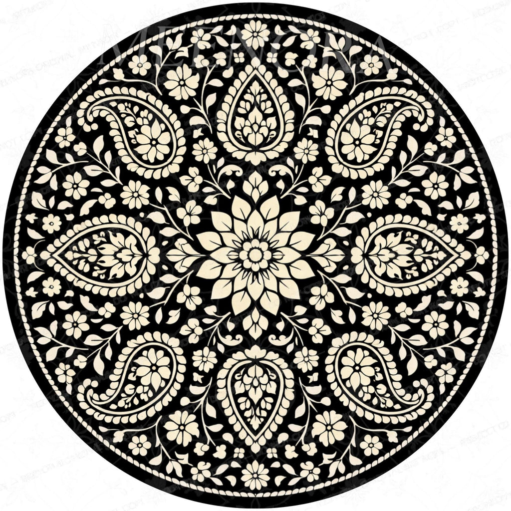 Handmade Mango Wood Side Table | Black Mandala Print Boho Accent Table