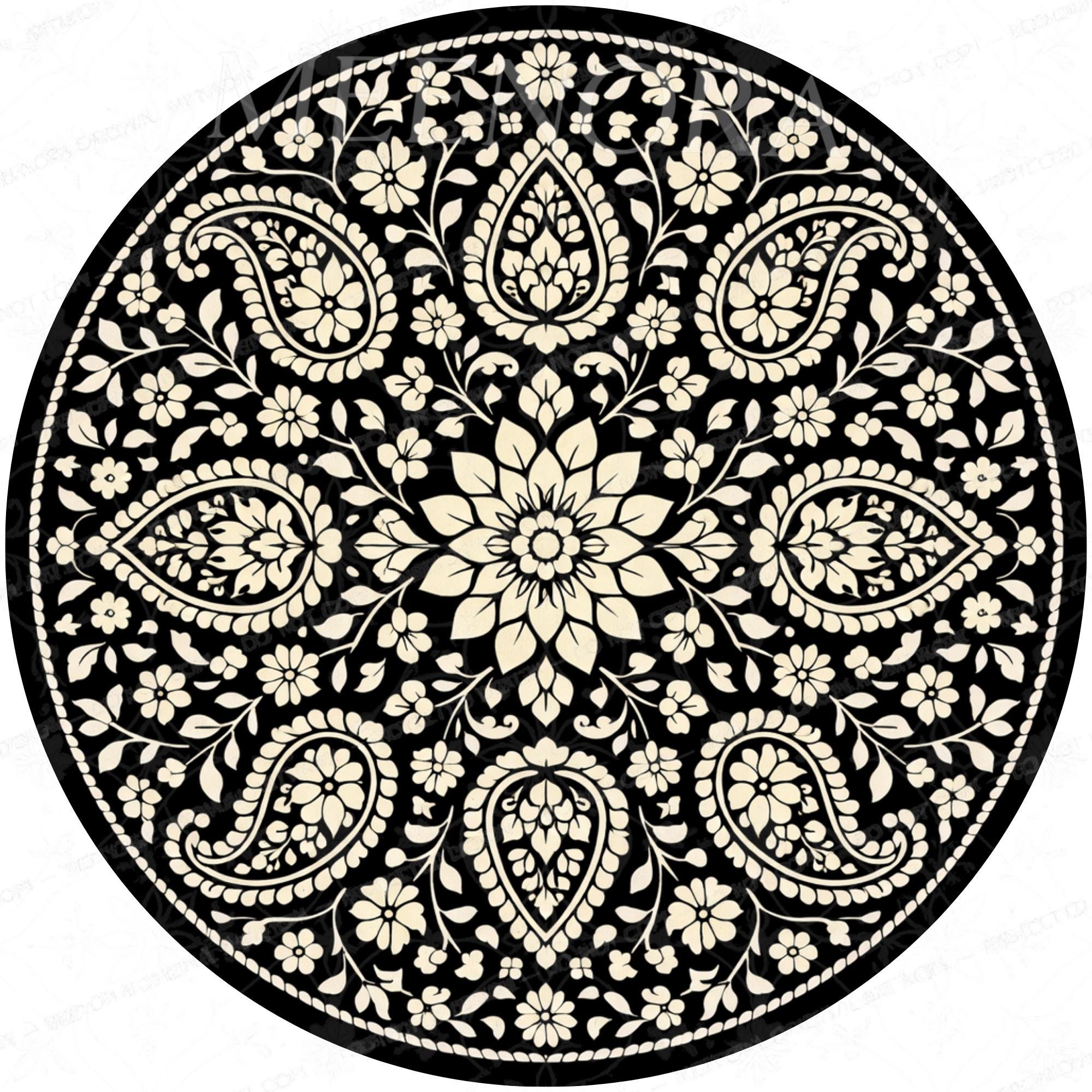 Handmade Mango Wood Side Table | Black Mandala Print Boho Accent Table