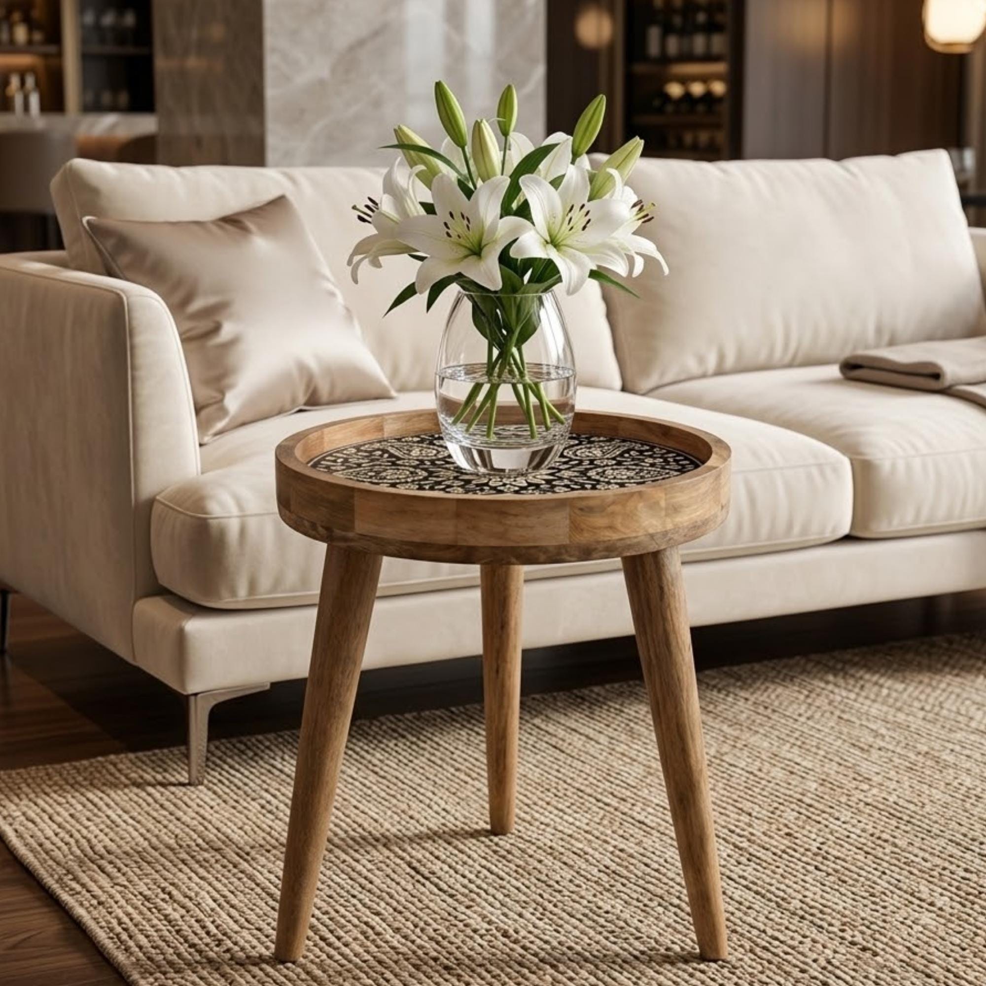 Handmade Mango Wood Side Table | Black Mandala Print Boho Accent Table