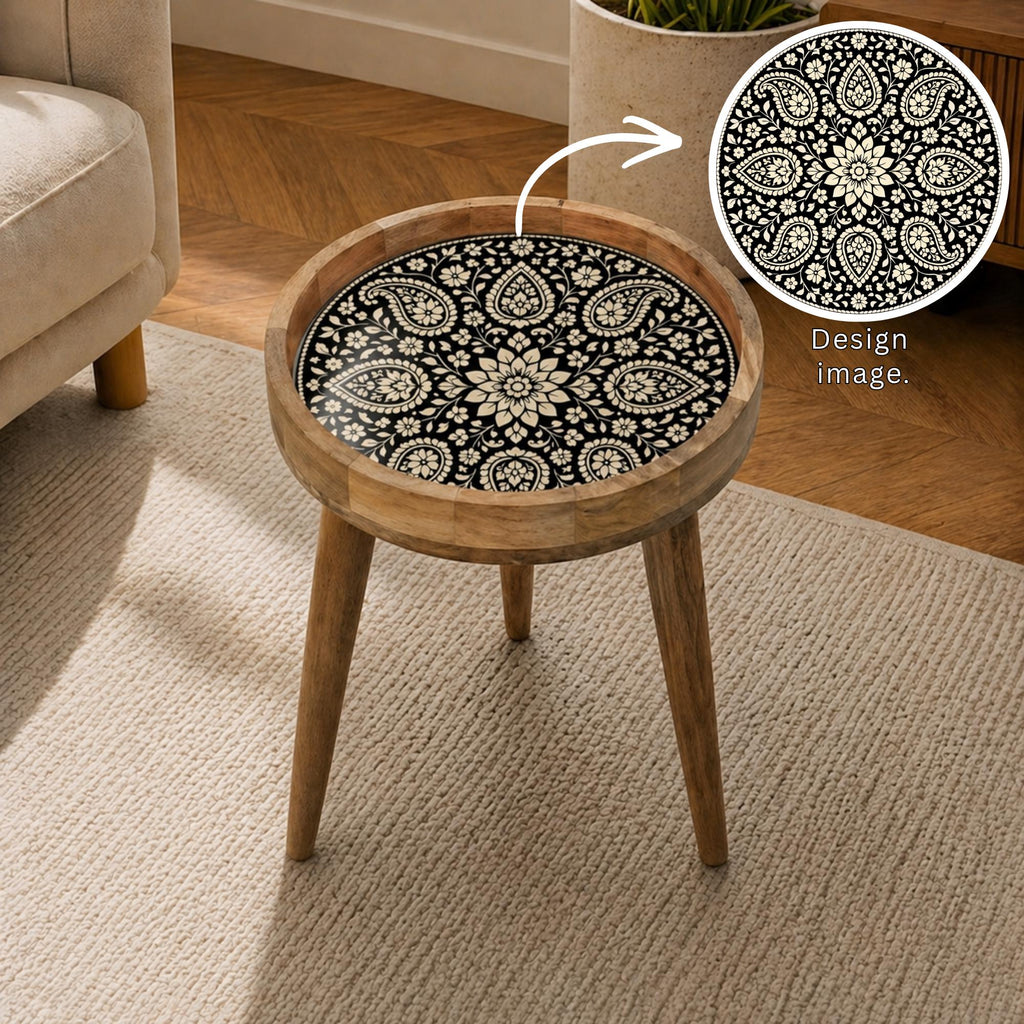 Handmade Mango Wood Side Table | Black Mandala Print Boho Accent Table