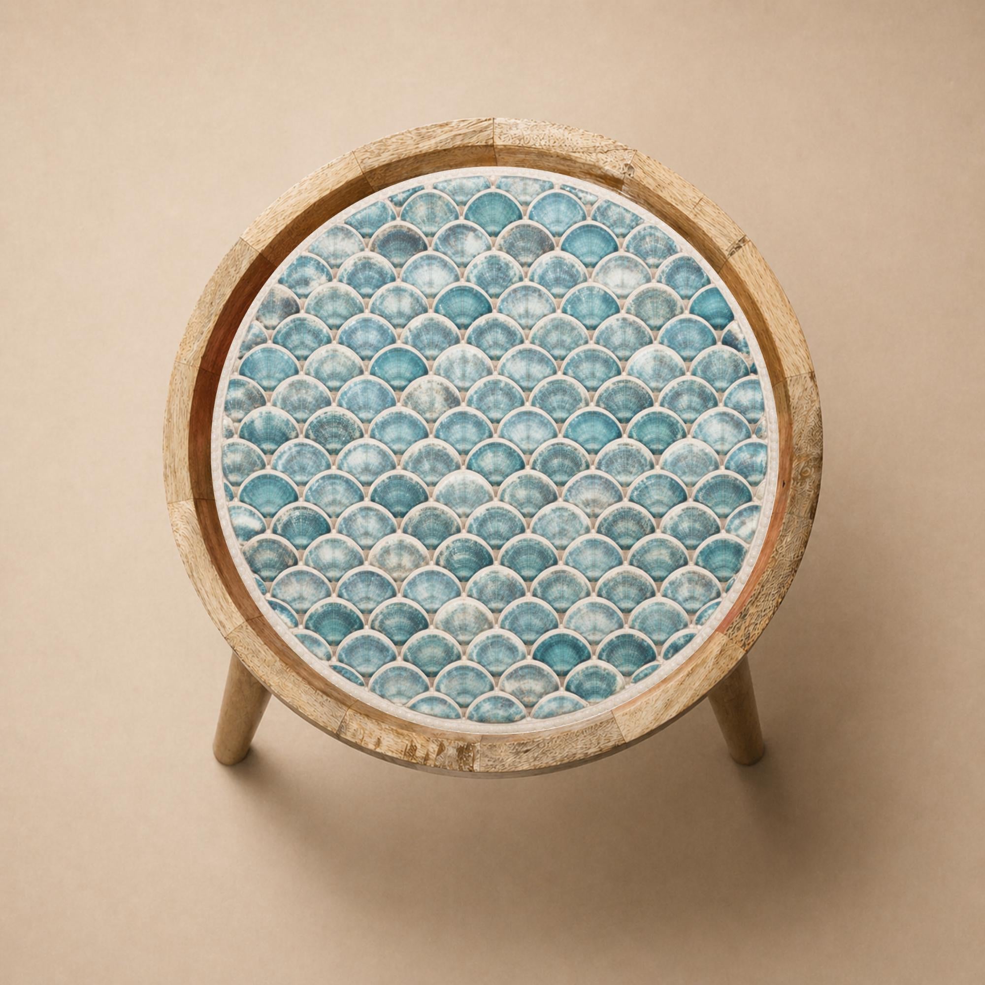 Printed Mango Wood Side Table | Boho Round Accent Table | Handmade Bedside Decor