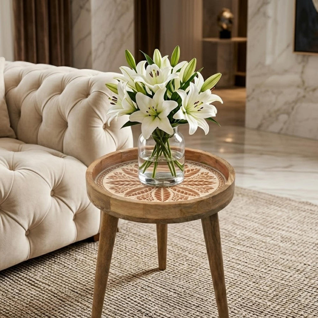 Handmade Mango Wood Side Table | Round Boho Accent Table, 18" Height