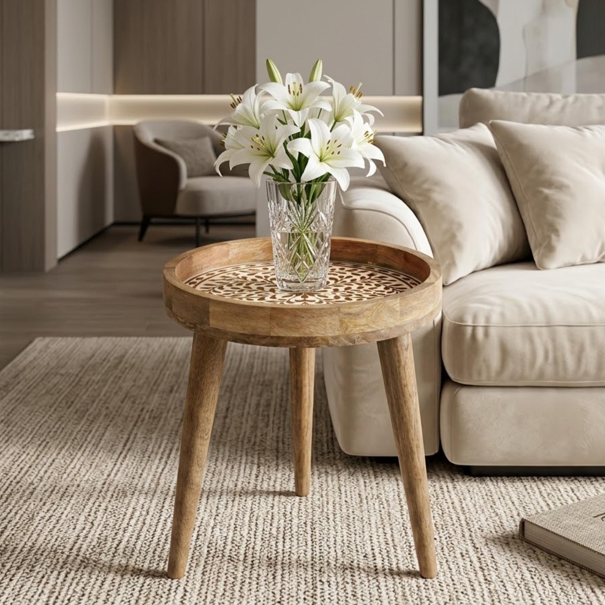 Handmade Mango Wood Side Table | Round Boho Accent Table with Printed Design