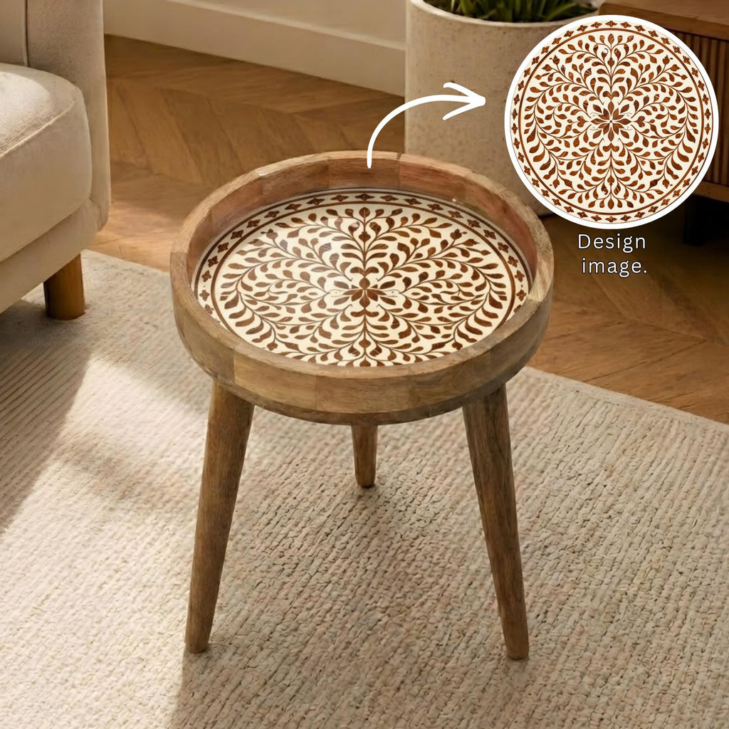Handmade Mango Wood Side Table | Round Boho Accent Table with Printed Design