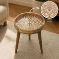Handmade Mango Wood Side Table | Round Boho Accent Table with Printed Design