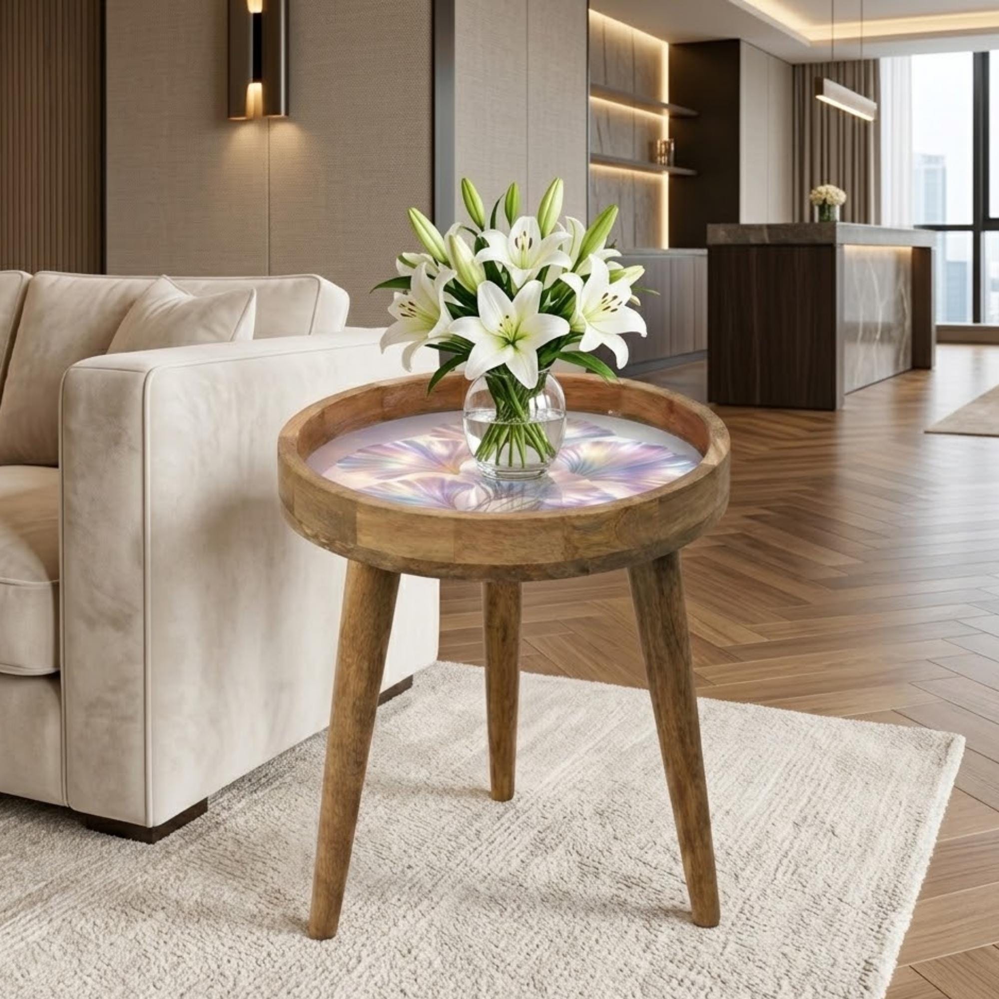 Mango Wood Round Side Table | Holographic Floral Print, Glass Top Nightstand