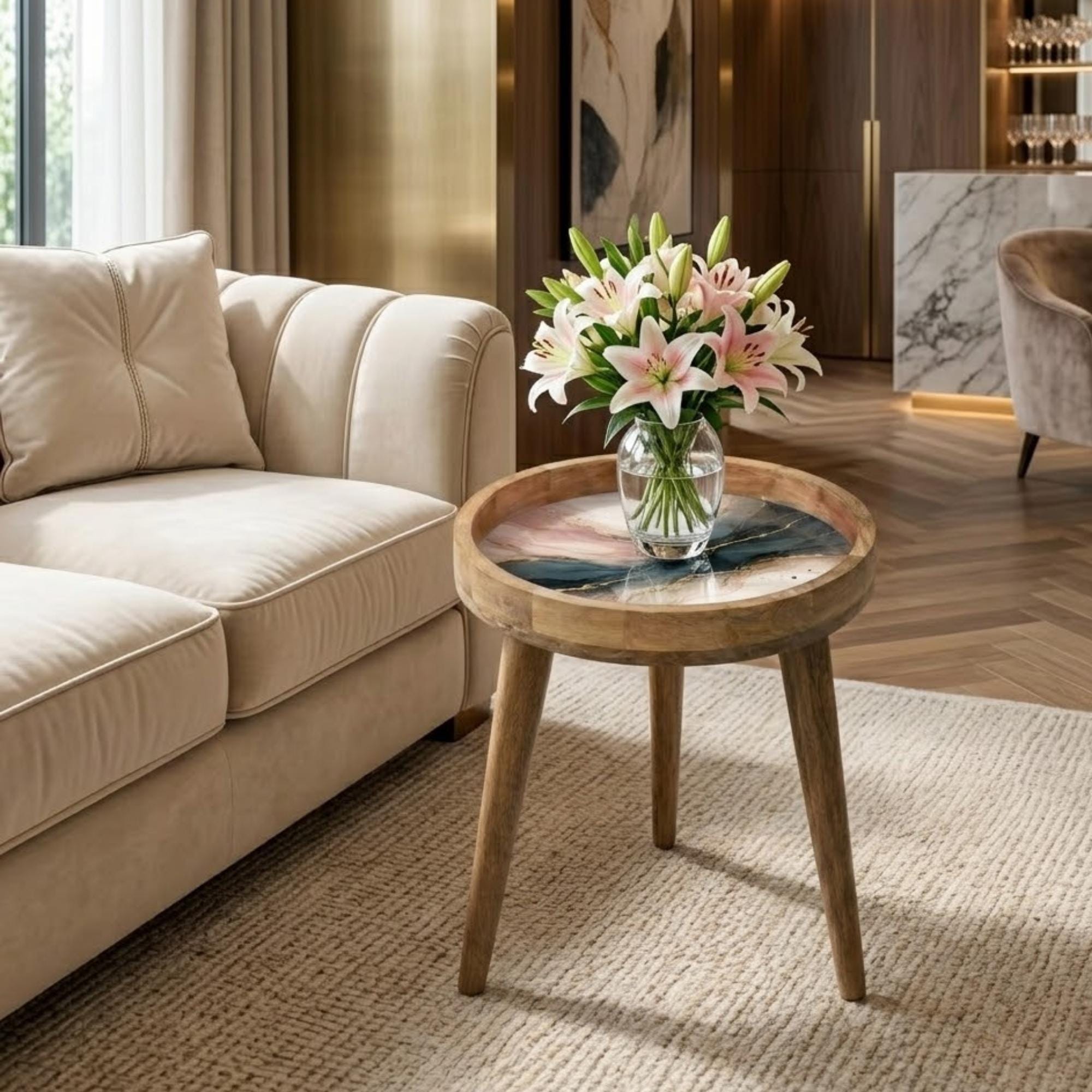 Mango Wood Side Table | Blush Pink Gold Marble Art Nightstand | Modern Luxe Accent Table