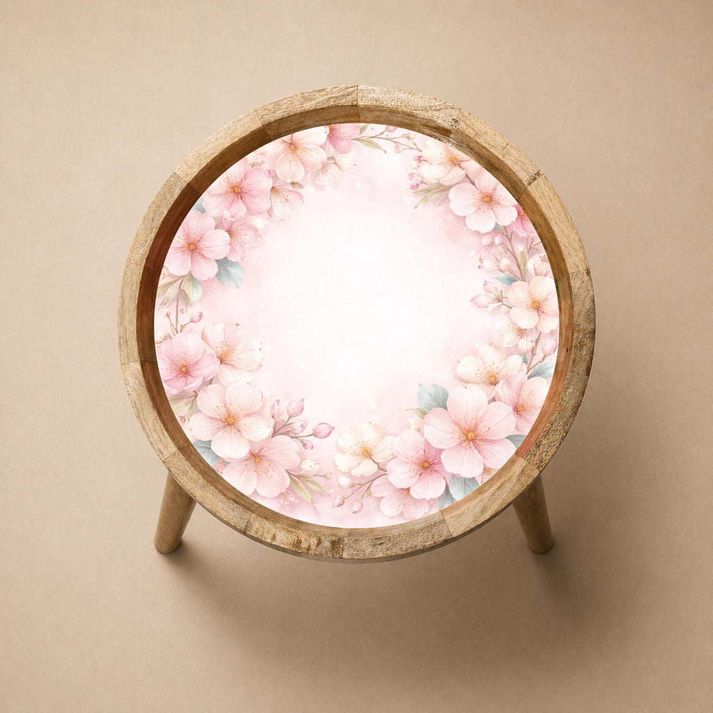 Printed Mango Wood Side Table | Cherry Blossom Round Nightstand | Handmade Sakura Accent Table