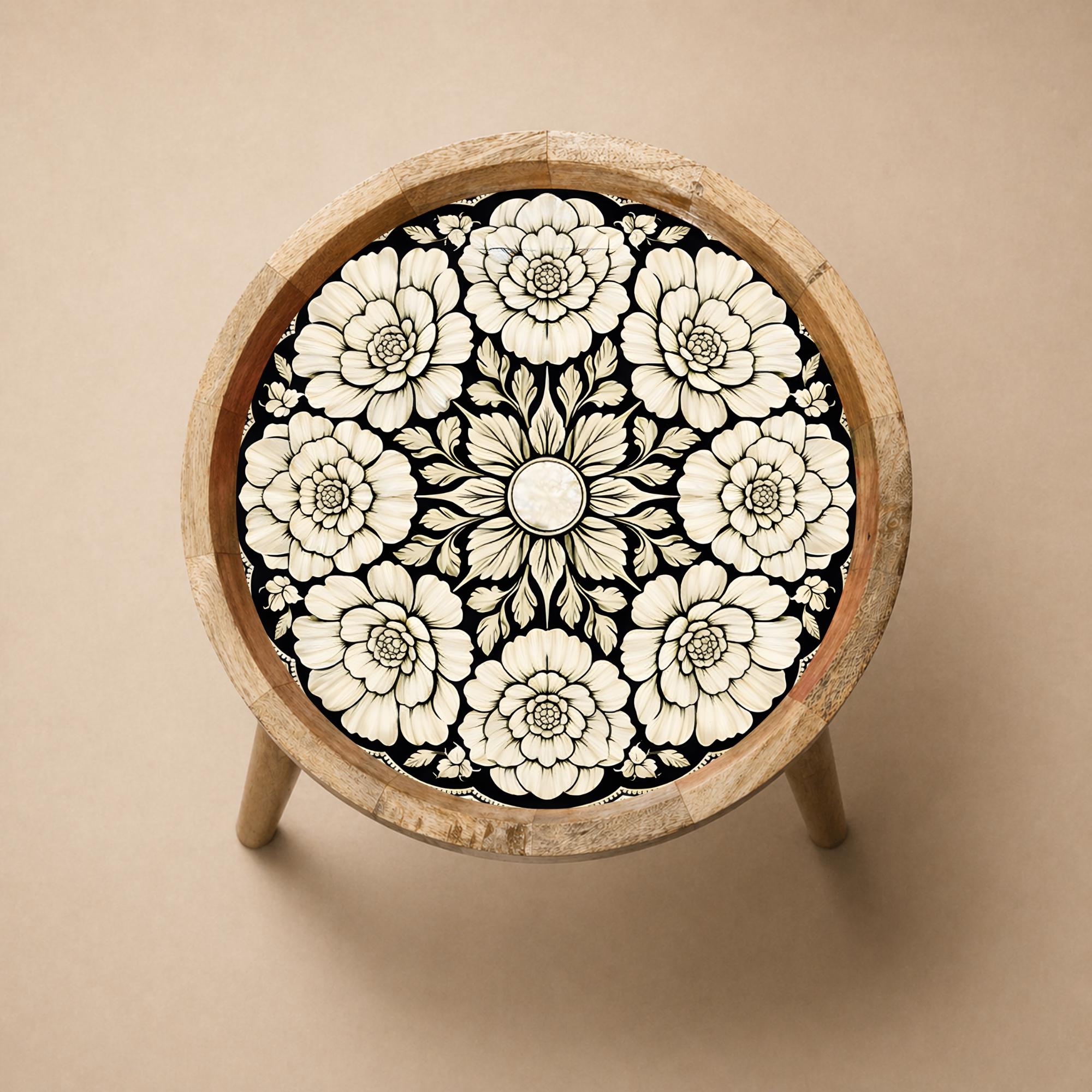 Handmade Mango Wood Side Table | Floral Print Round Accent Bedside Table