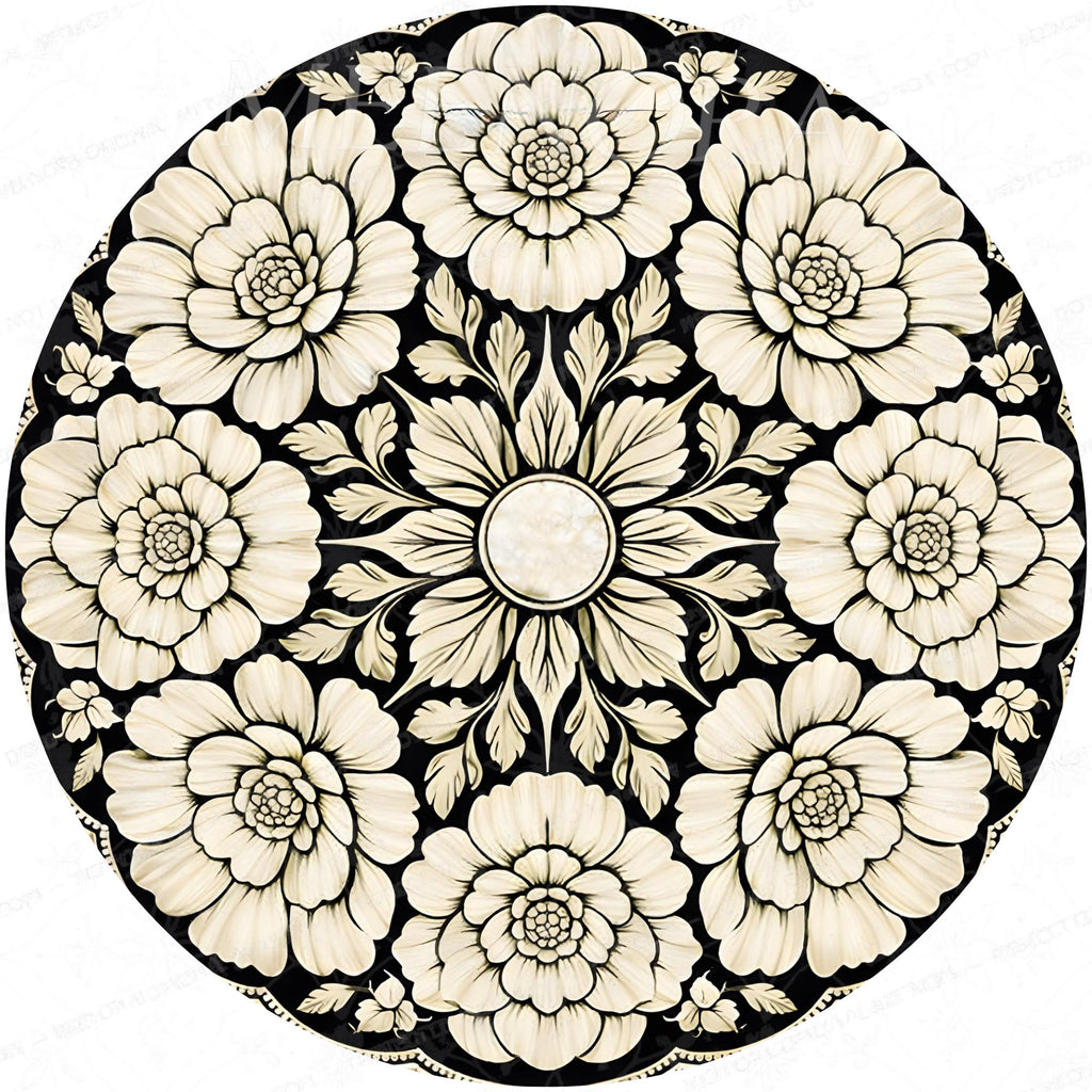 Handmade Mango Wood Side Table | Floral Print Round Accent Bedside Table