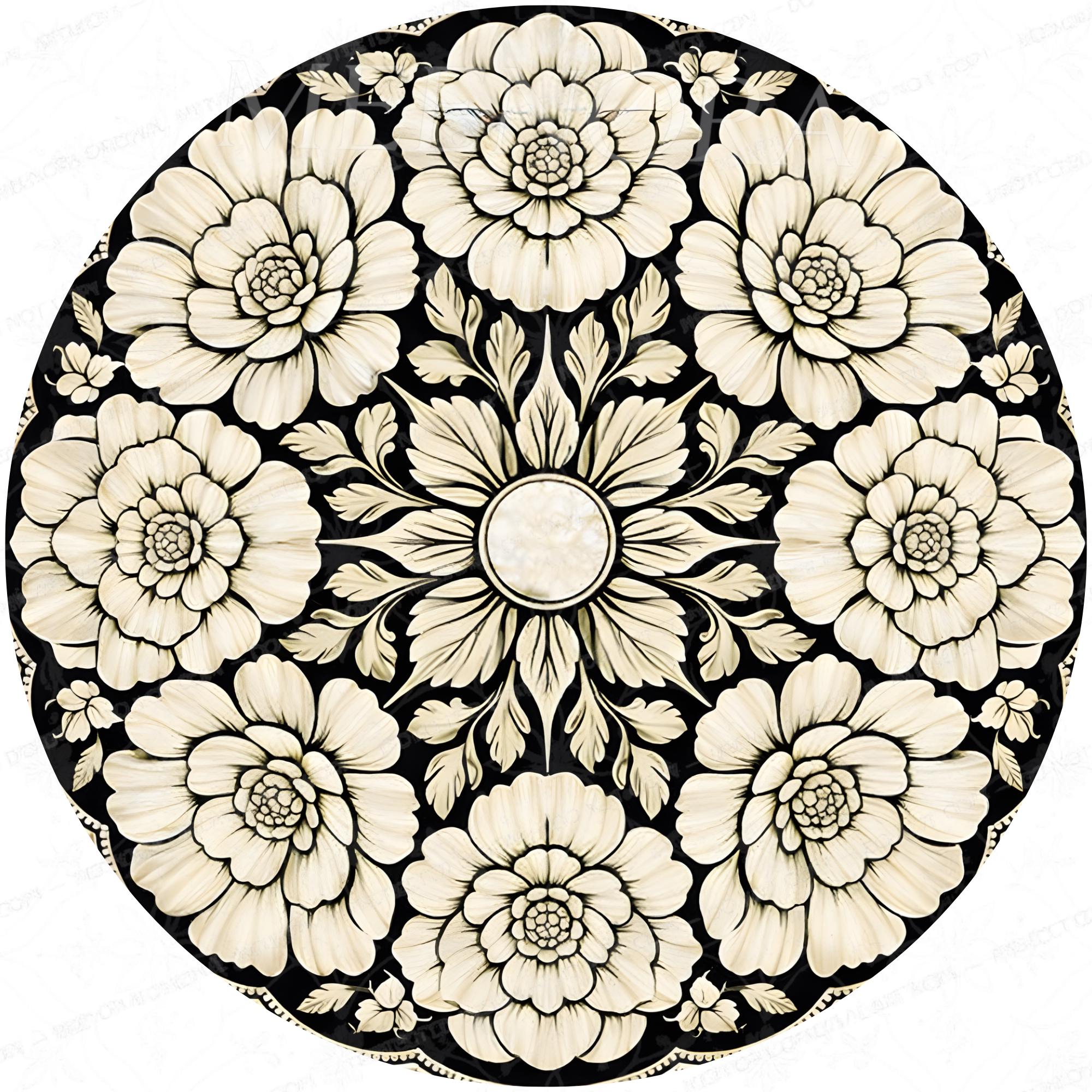 Handmade Mango Wood Side Table | Floral Print Round Accent Bedside Table