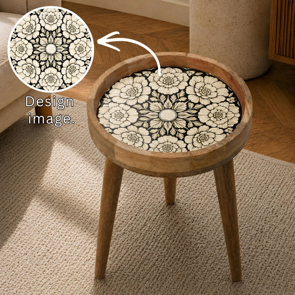 Handmade Mango Wood Side Table | Floral Print Round Accent Bedside Table