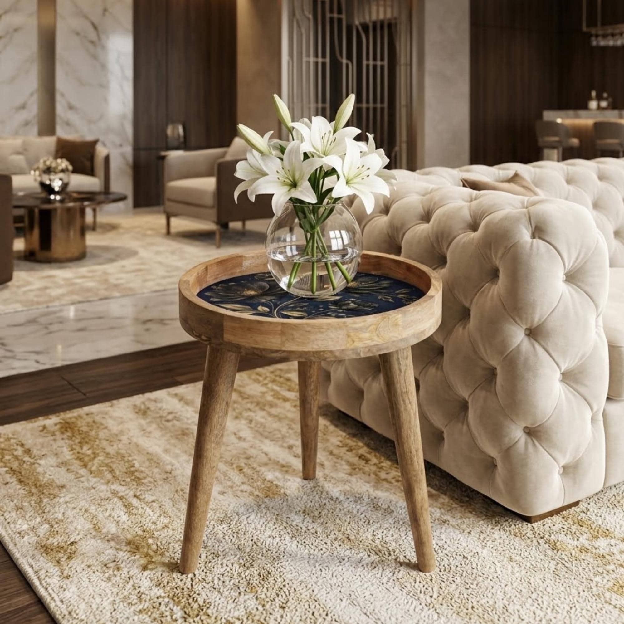 Mango Wood Side Table | Navy Gold Floral Print, Handmade Nightstand, Botanical Accent Table