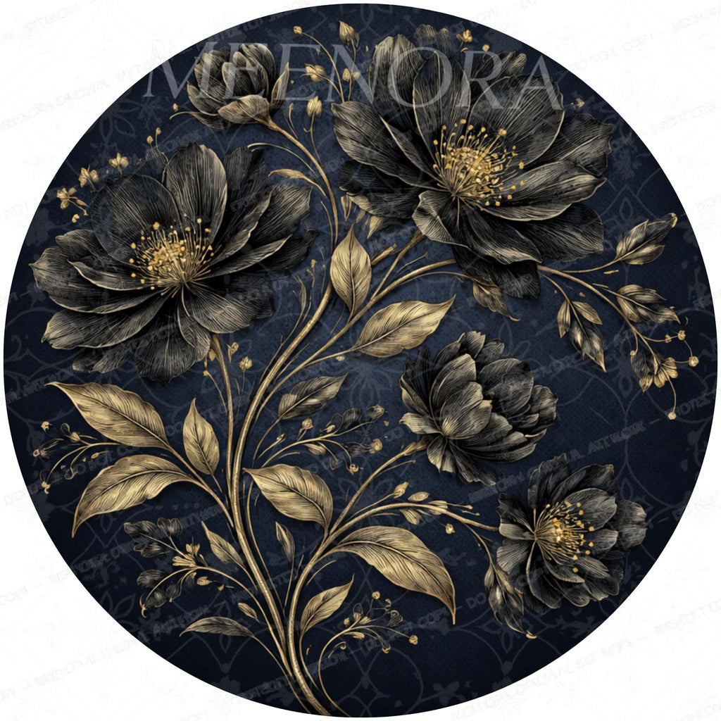Mango Wood Side Table | Navy Gold Floral Print, Handmade Nightstand, Botanical Accent Table