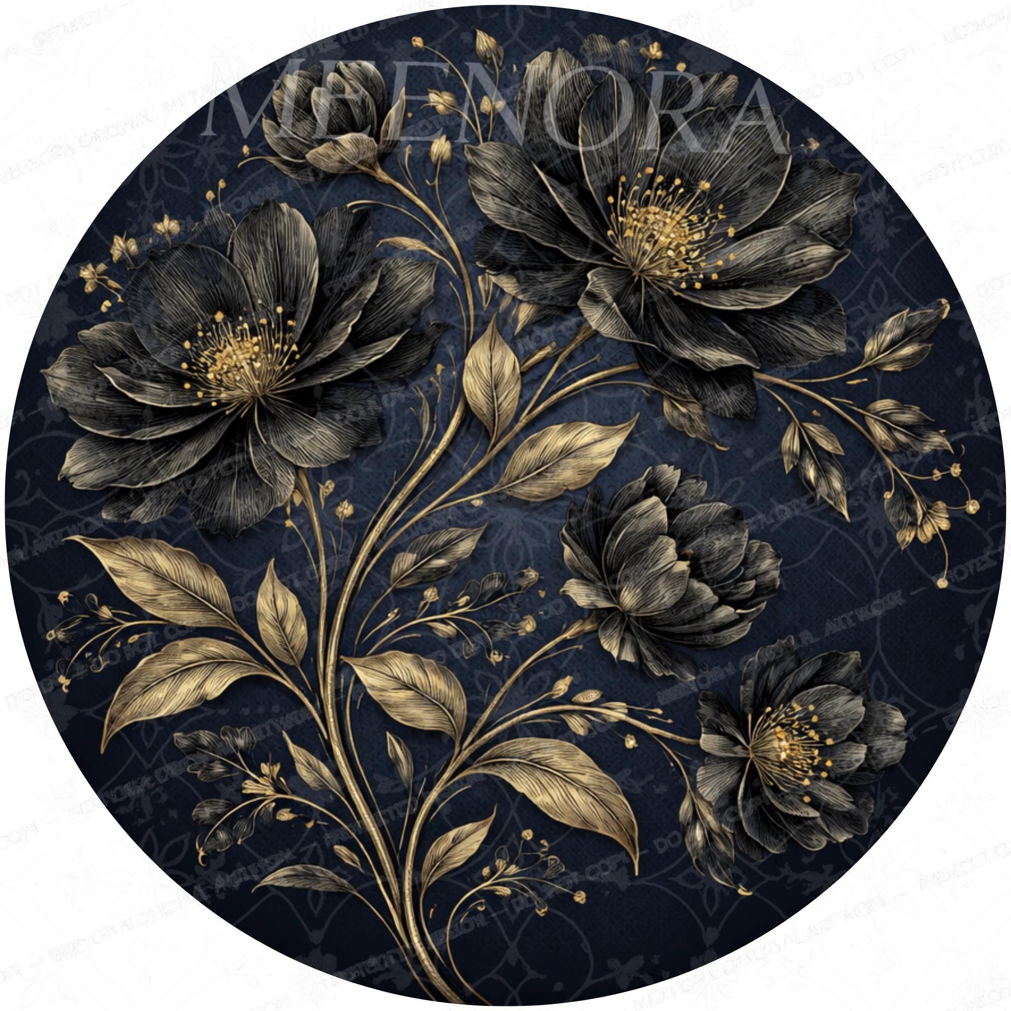 Mango Wood Side Table | Navy Gold Floral Print, Handmade Nightstand, Botanical Accent Table