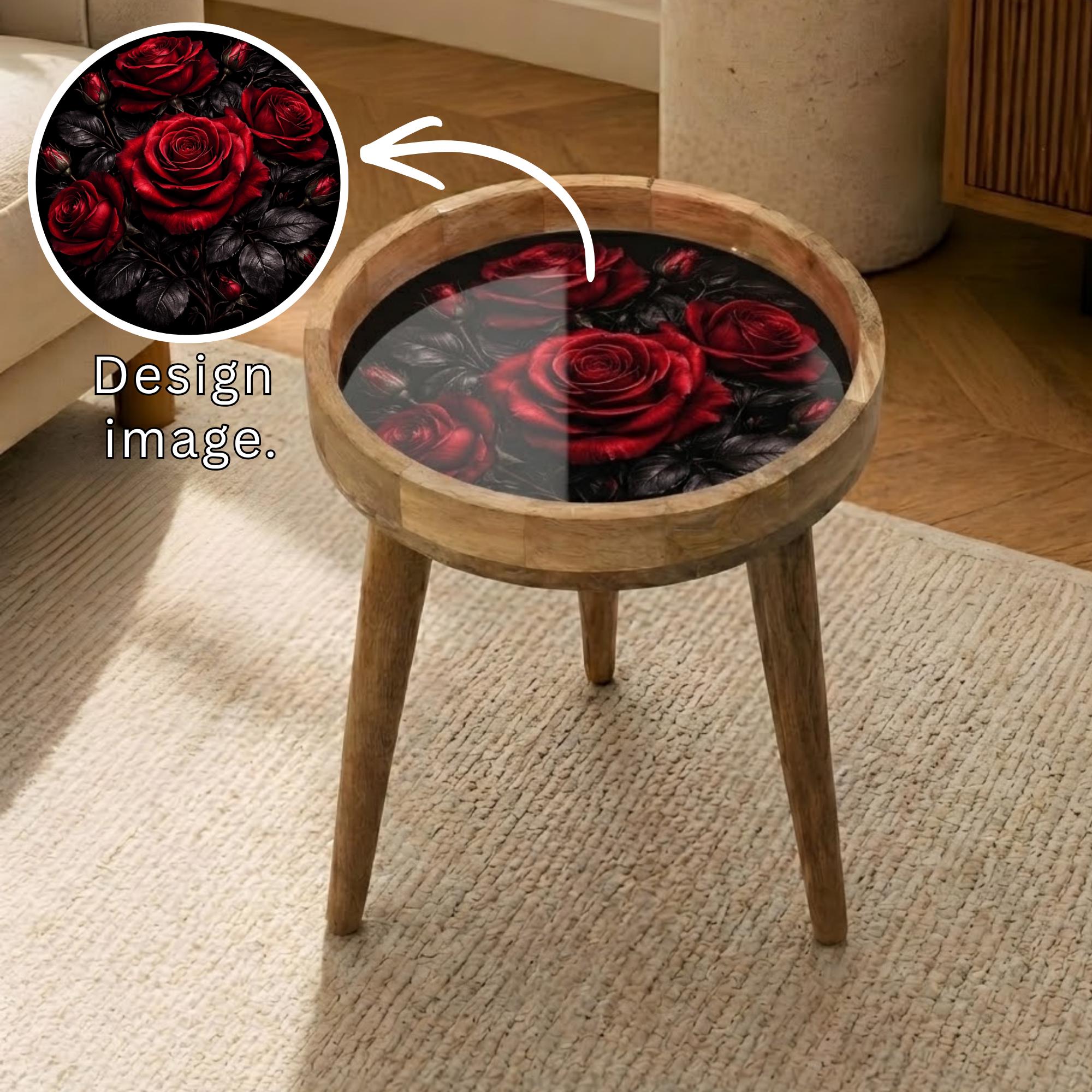 Printed Mango Wood Side Table | Dark Floral Red Rose Round End Table