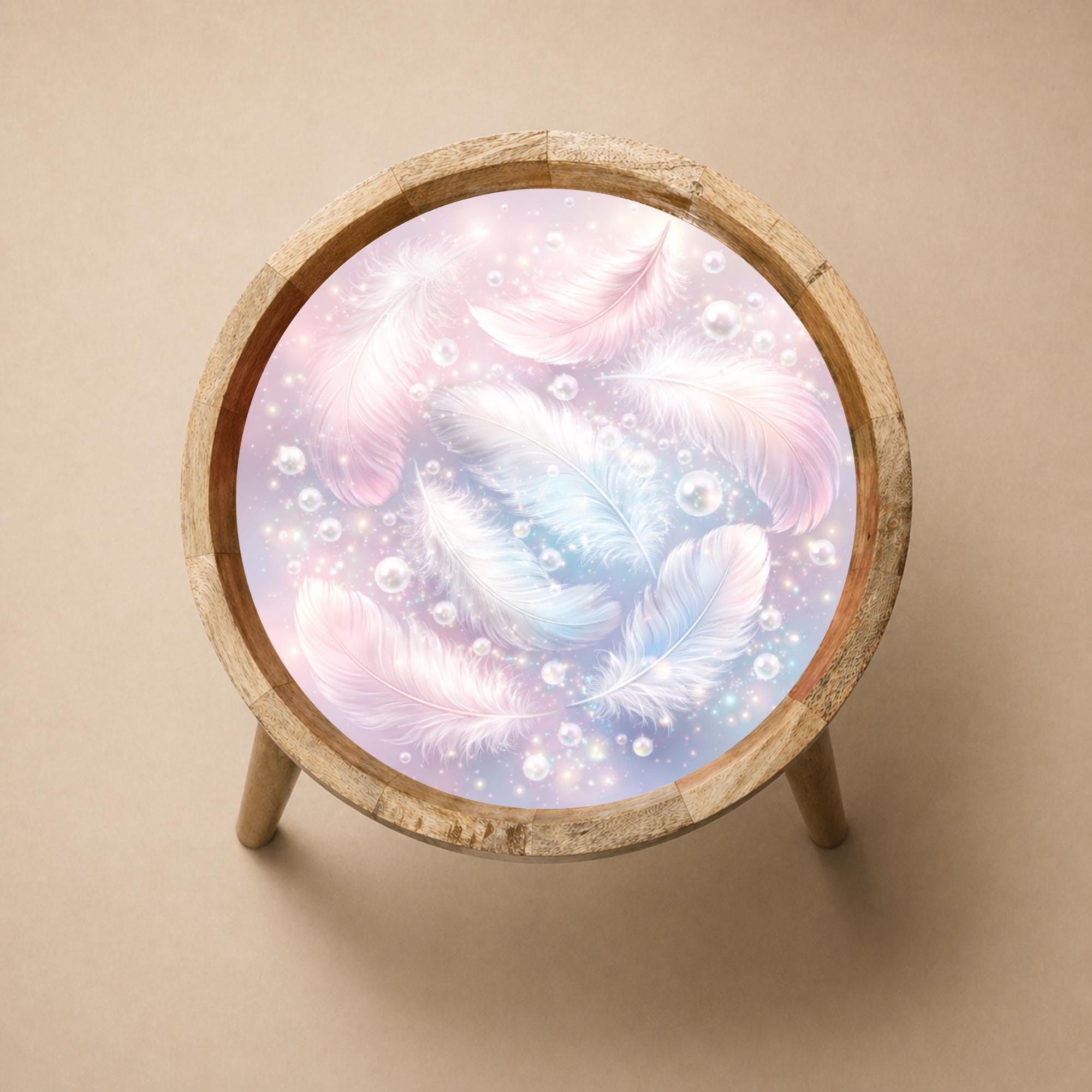 Printed Mango Wood Side Table | Dreamy Feather Round End Table | Handmade Nightstand