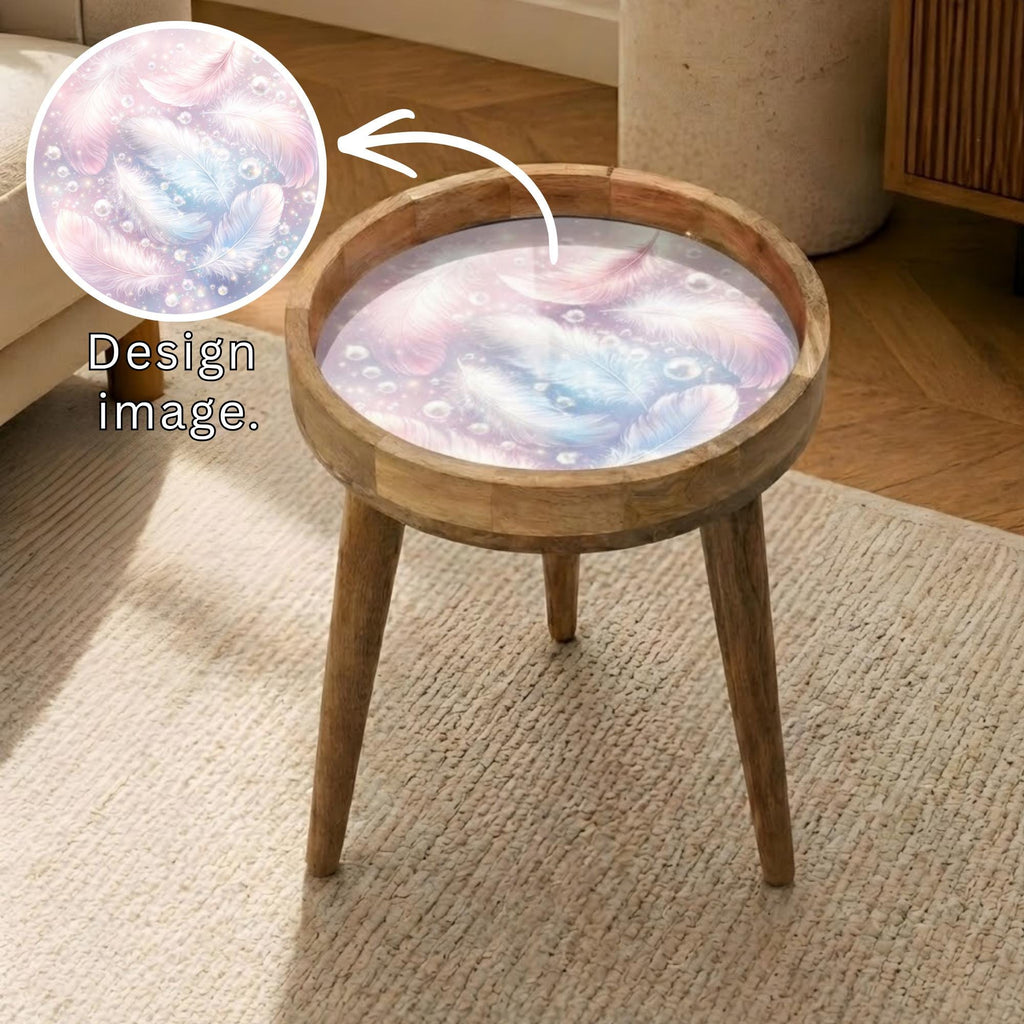 Printed Mango Wood Side Table | Dreamy Feather Round End Table | Handmade Nightstand