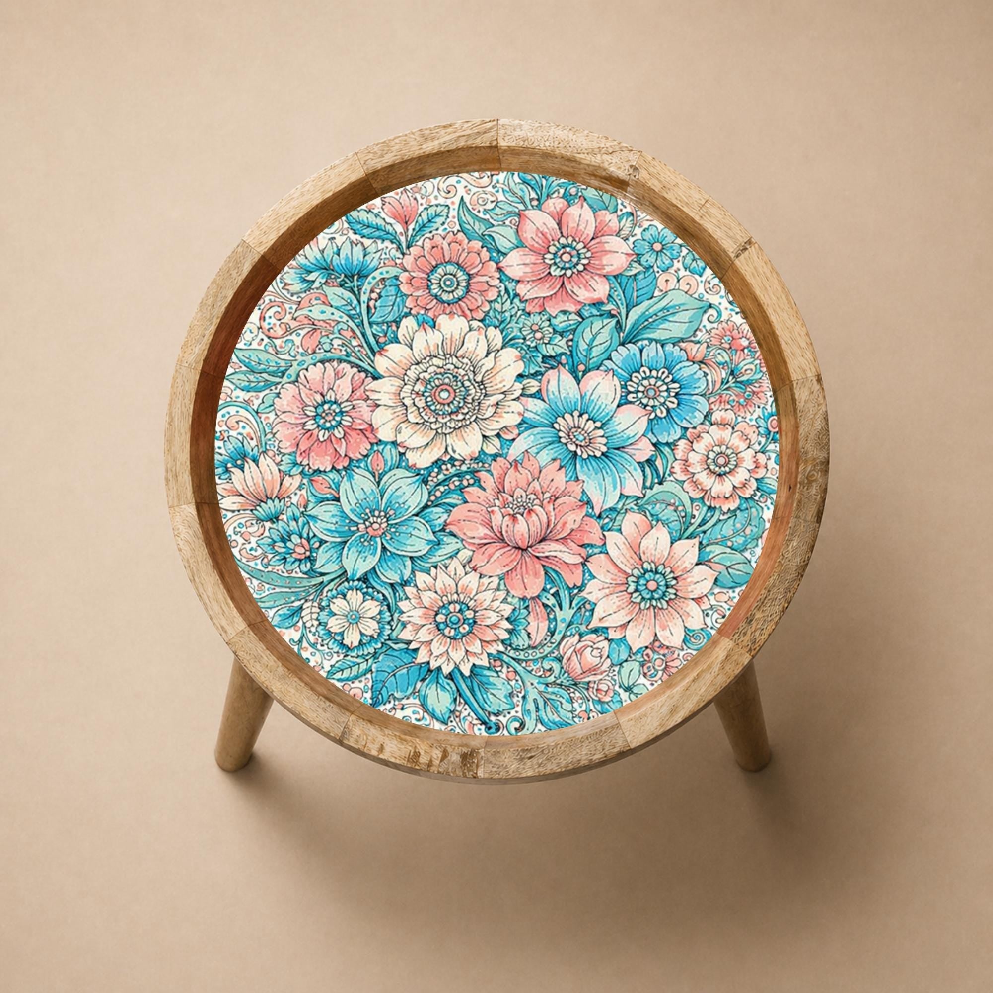 Mango Wood Side Table | Boho Floral Nightstand | Teal Pink Vintage (15" Diameter, 18" Height)