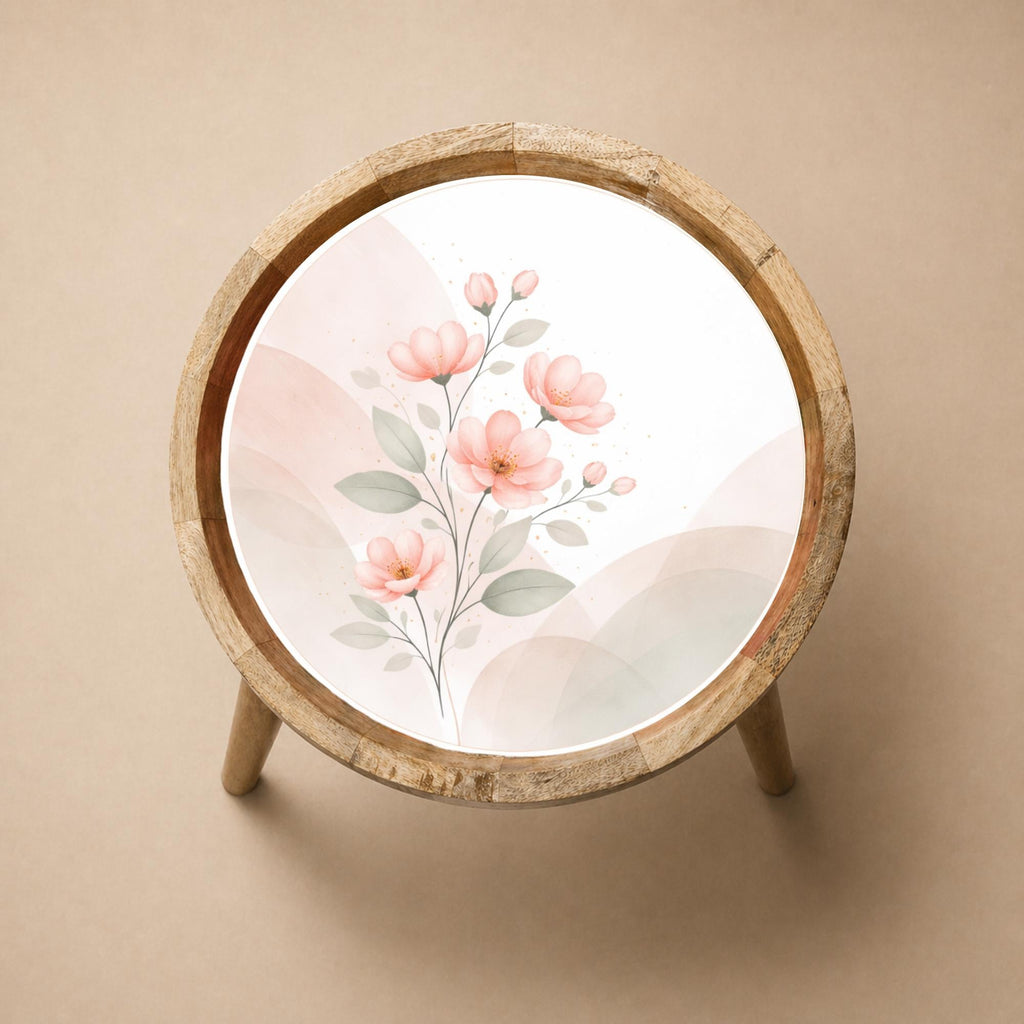 Mango Wood Side Table | Watercolor Pink Floral Print, Glass Top Nightstand | Boho Accent Table