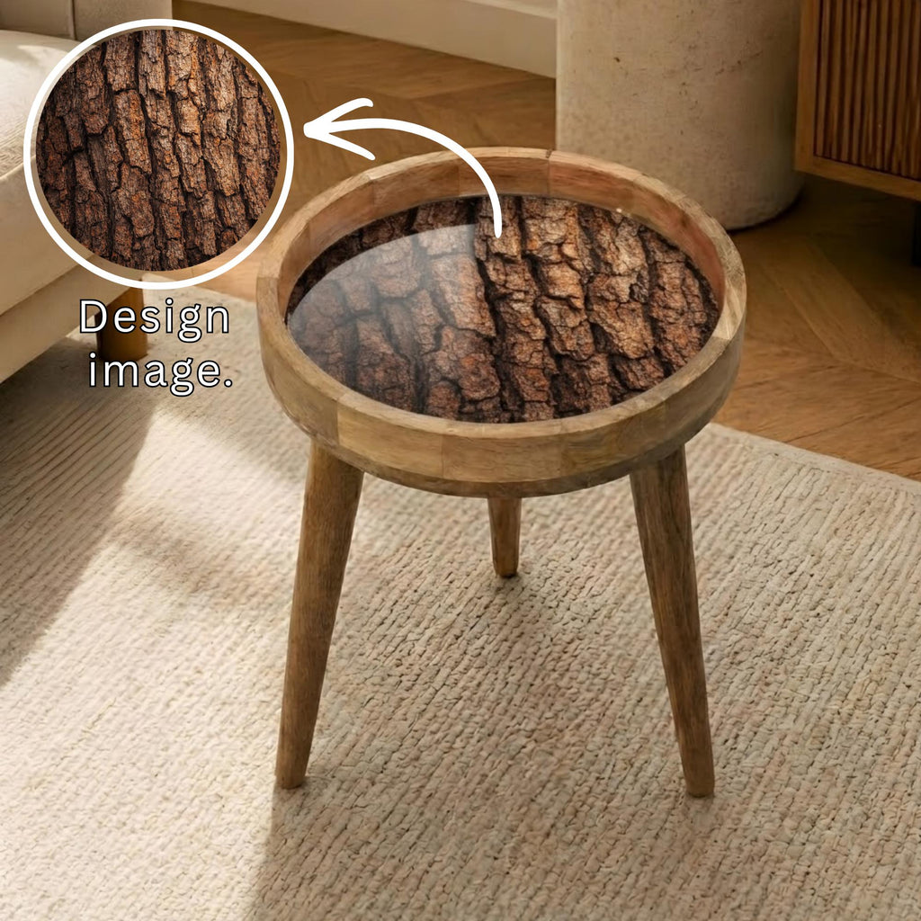 Handmade Mango Wood Round Side Stand | Rustic Printed End Furniture | Glass Top Accent Stool