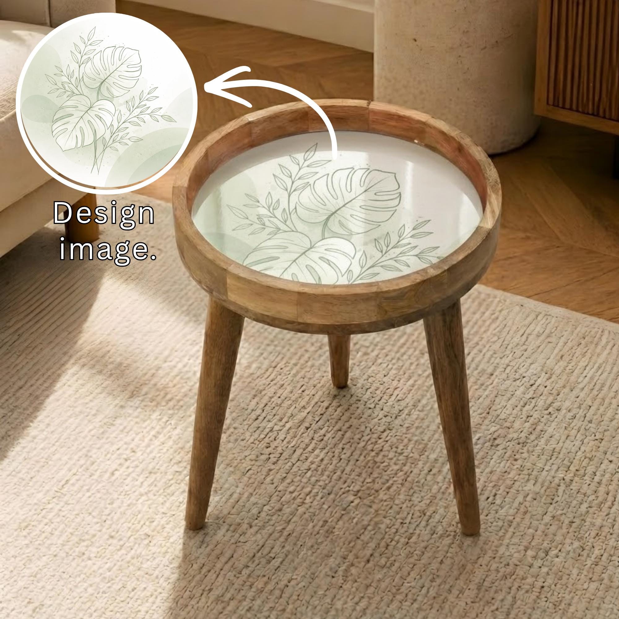 Mango Wood Side Table | Monstera Leaf Print, Glass Top Nightstand | Boho Tropical Accent