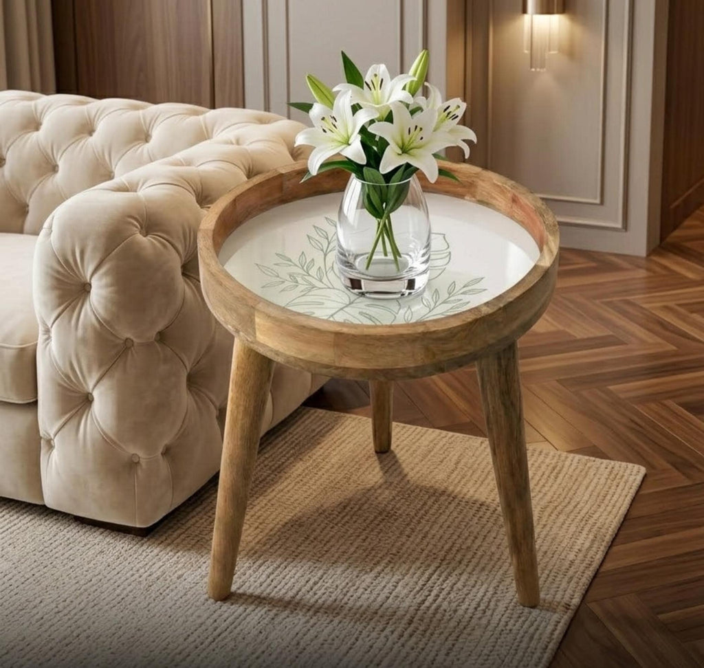 Mango Wood Side Table | Monstera Leaf Print, Glass Top Nightstand | Boho Tropical Accent