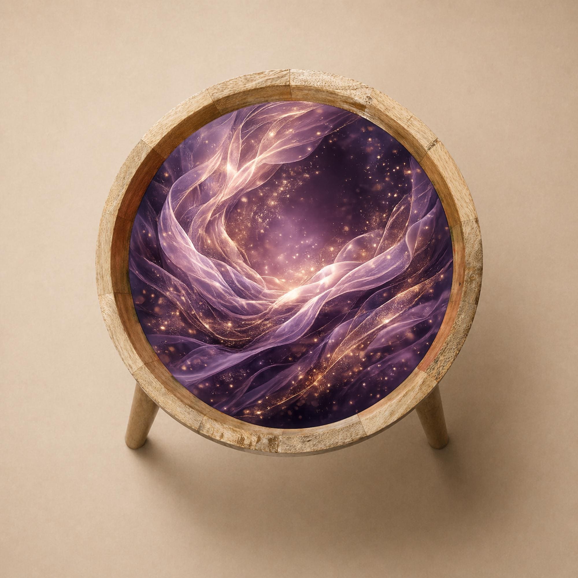 Handmade Mango Wood Side Table | Abstract Galaxy Glass Top Accent Furniture