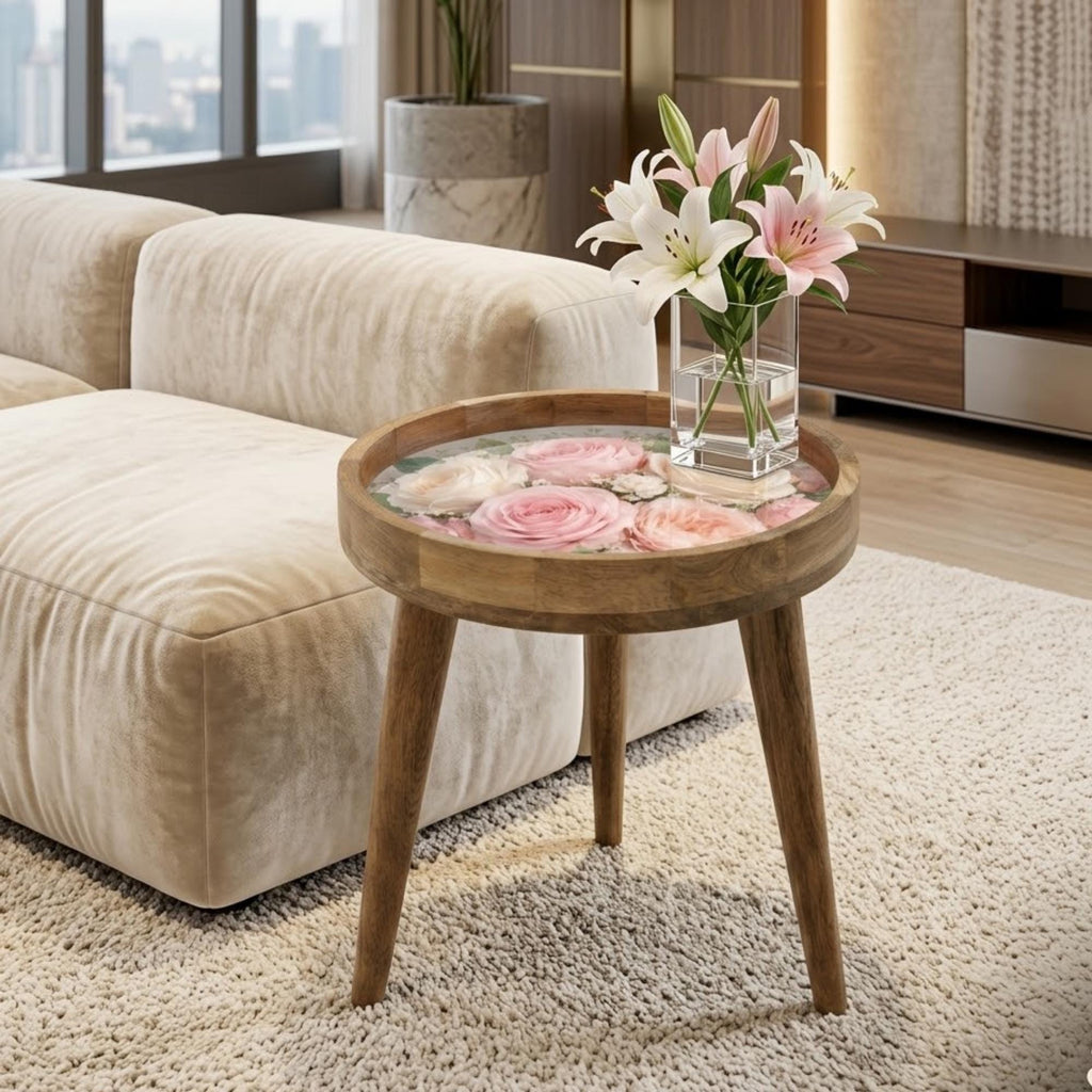 Handmade Mango Wood Side Stand | Floral Print Glass Top Accent Stool