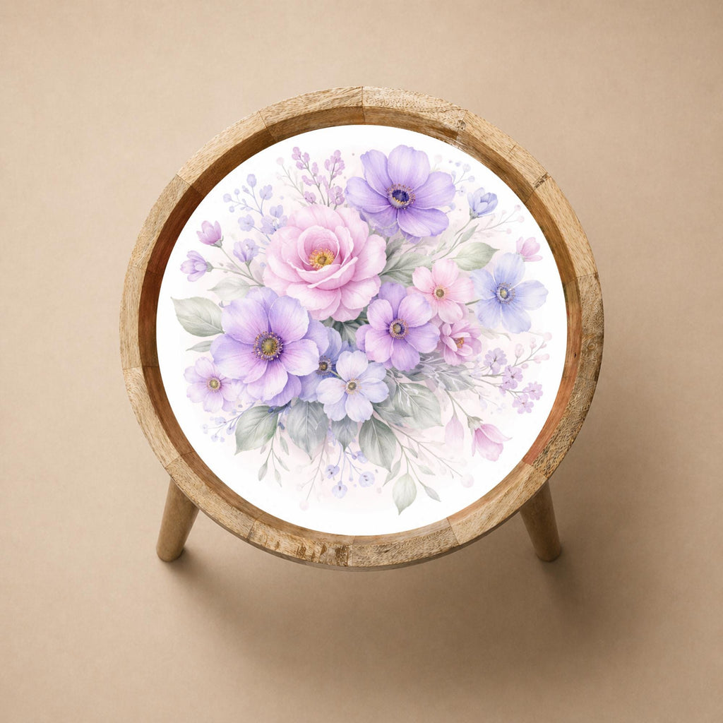 Handmade Floral Mango Wood Side Stand | Printed Round End Table | Boho Bedside Decor