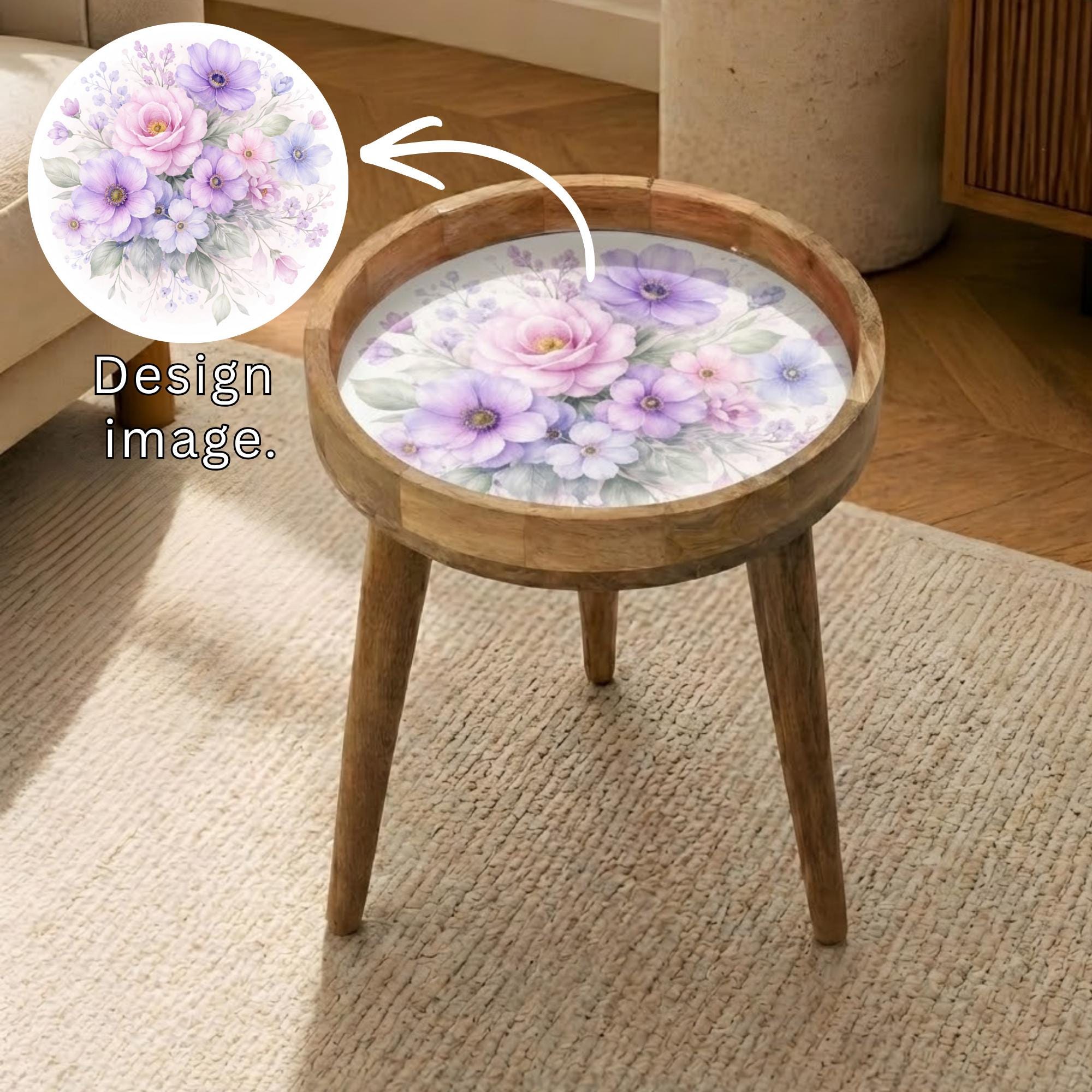 Handmade Floral Mango Wood Side Stand | Printed Round End Table | Boho Bedside Decor
