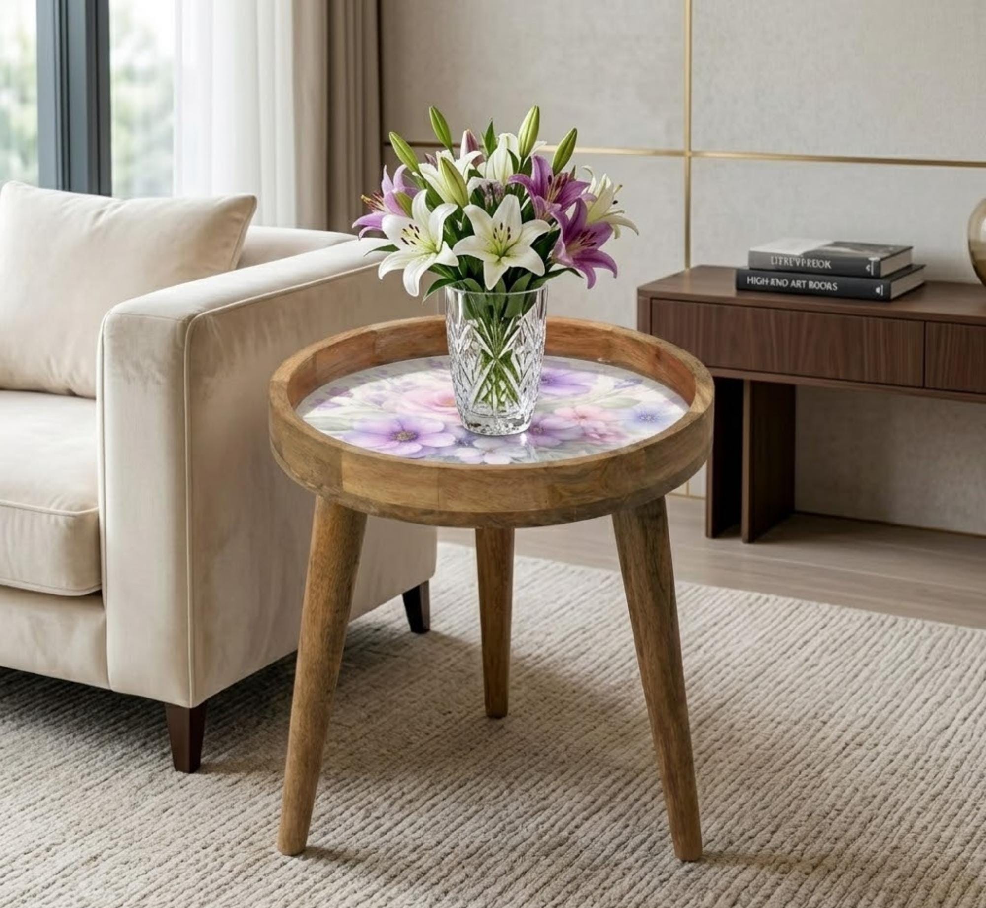 Handmade Floral Mango Wood Side Stand | Printed Round End Table | Boho Bedside Decor