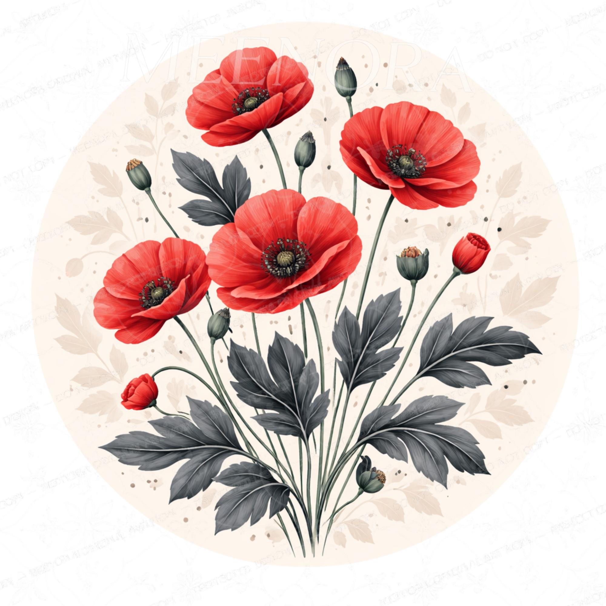 Handmade Poppy Floral Mango Wood Side Stand | Round Printed Accent Table | Boho Bedside Decor