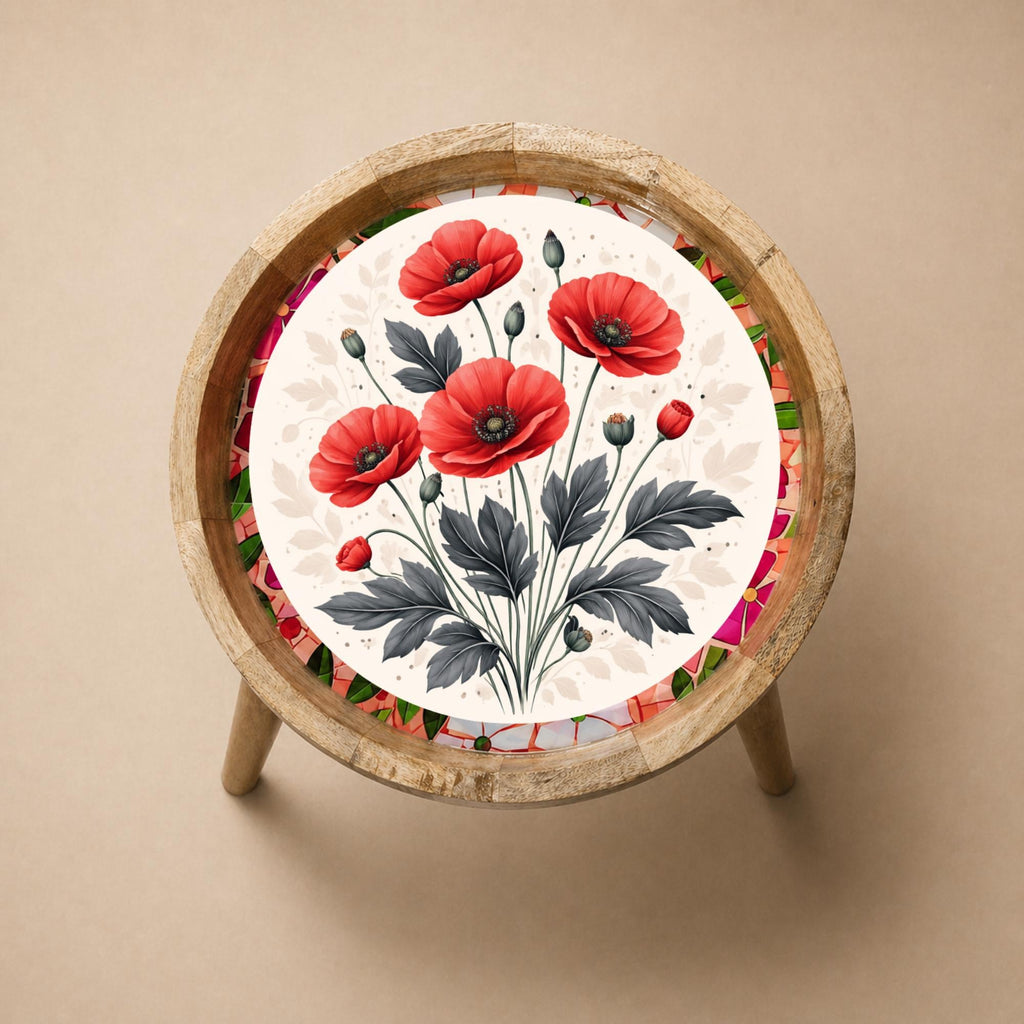 Handmade Poppy Floral Mango Wood Side Stand | Round Printed Accent Table | Boho Bedside Decor