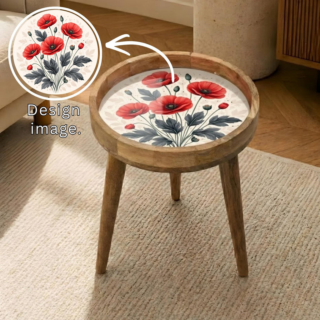 Handmade Poppy Floral Mango Wood Side Stand | Round Printed Accent Table | Boho Bedside Decor