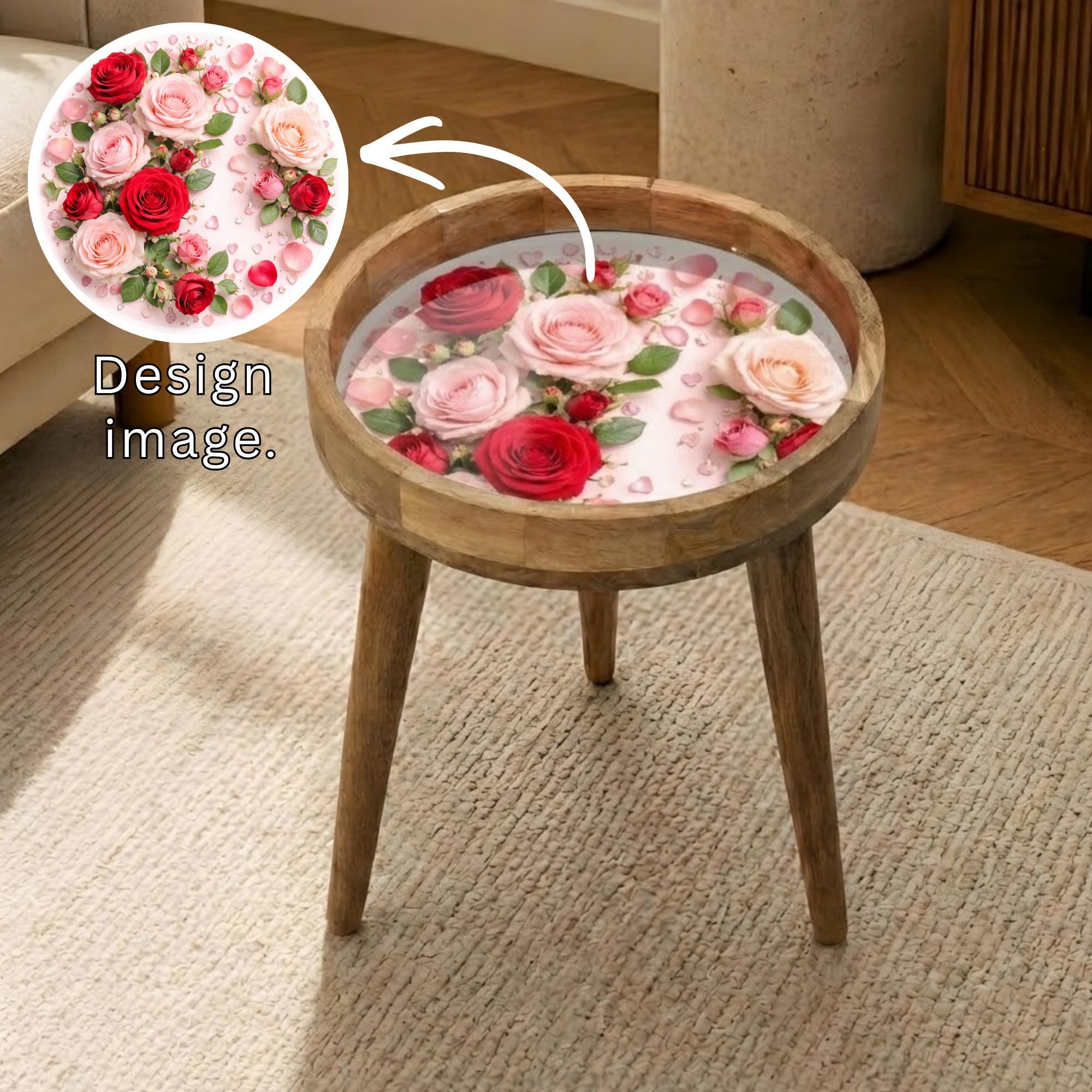 Handmade Mango Wood Side Table | Rose Printed Glass Top Accent Furniture