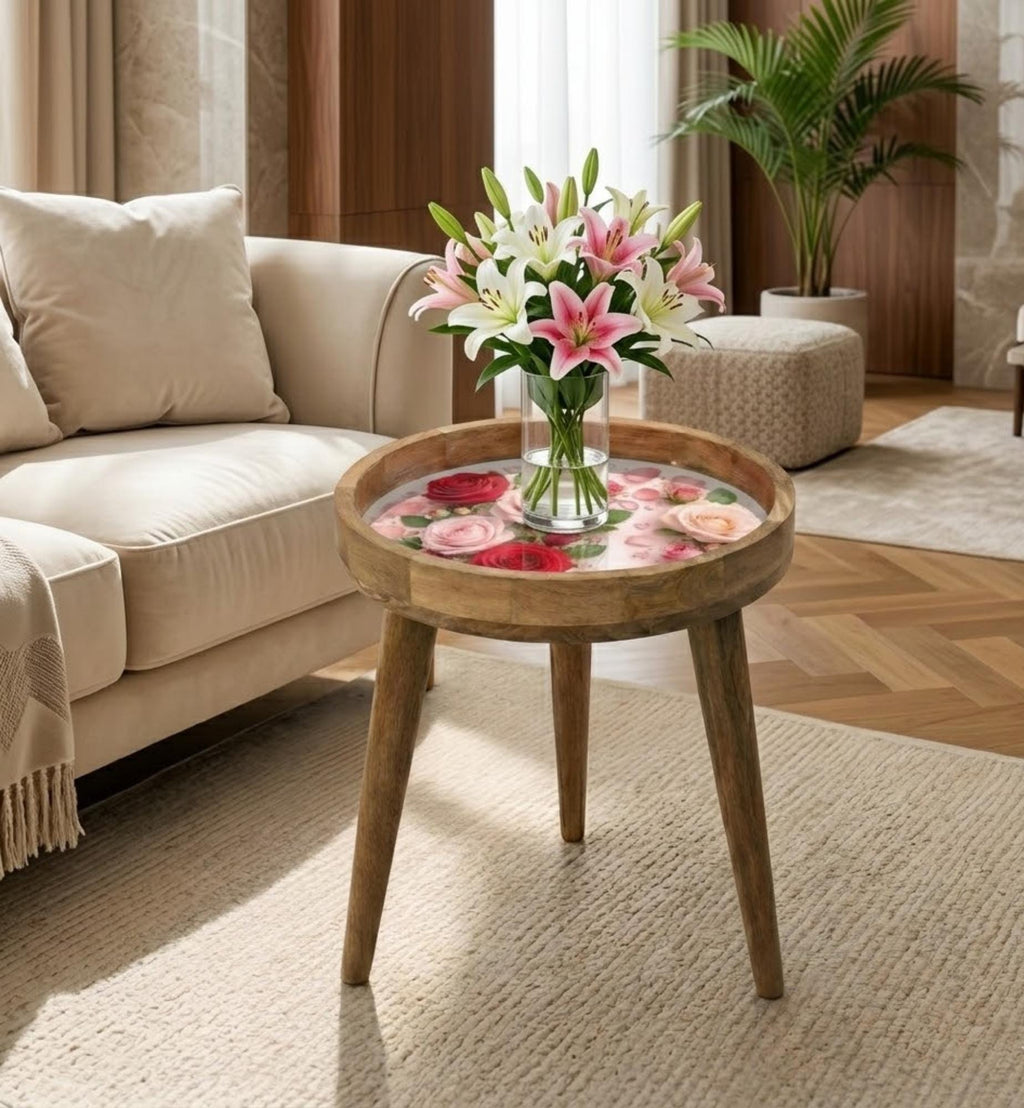 Handmade Mango Wood Side Table | Rose Printed Glass Top Accent Furniture