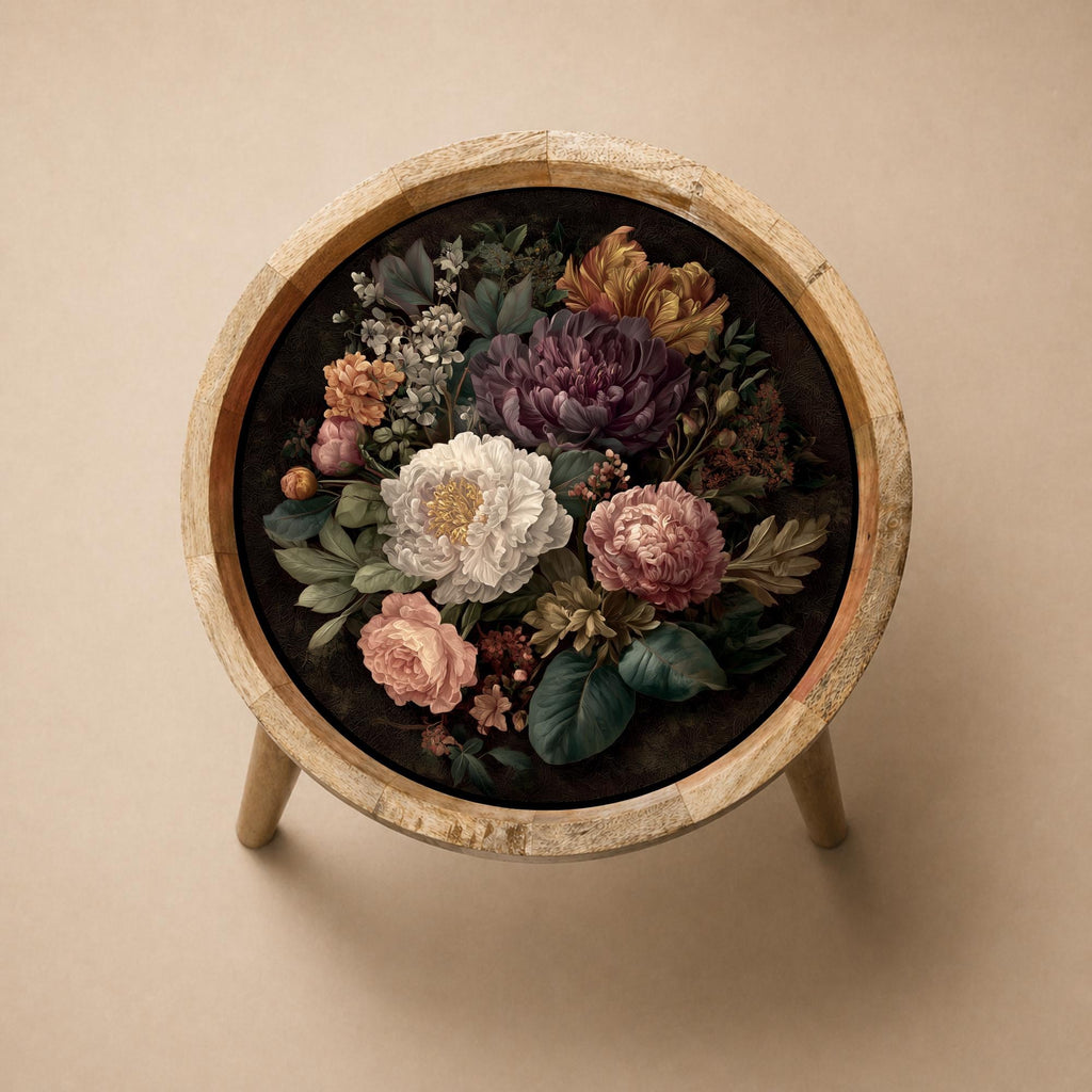 Handmade Mango Wood Vintage Floral Side Stand | Dark Printed End Table | Round Accent Furniture