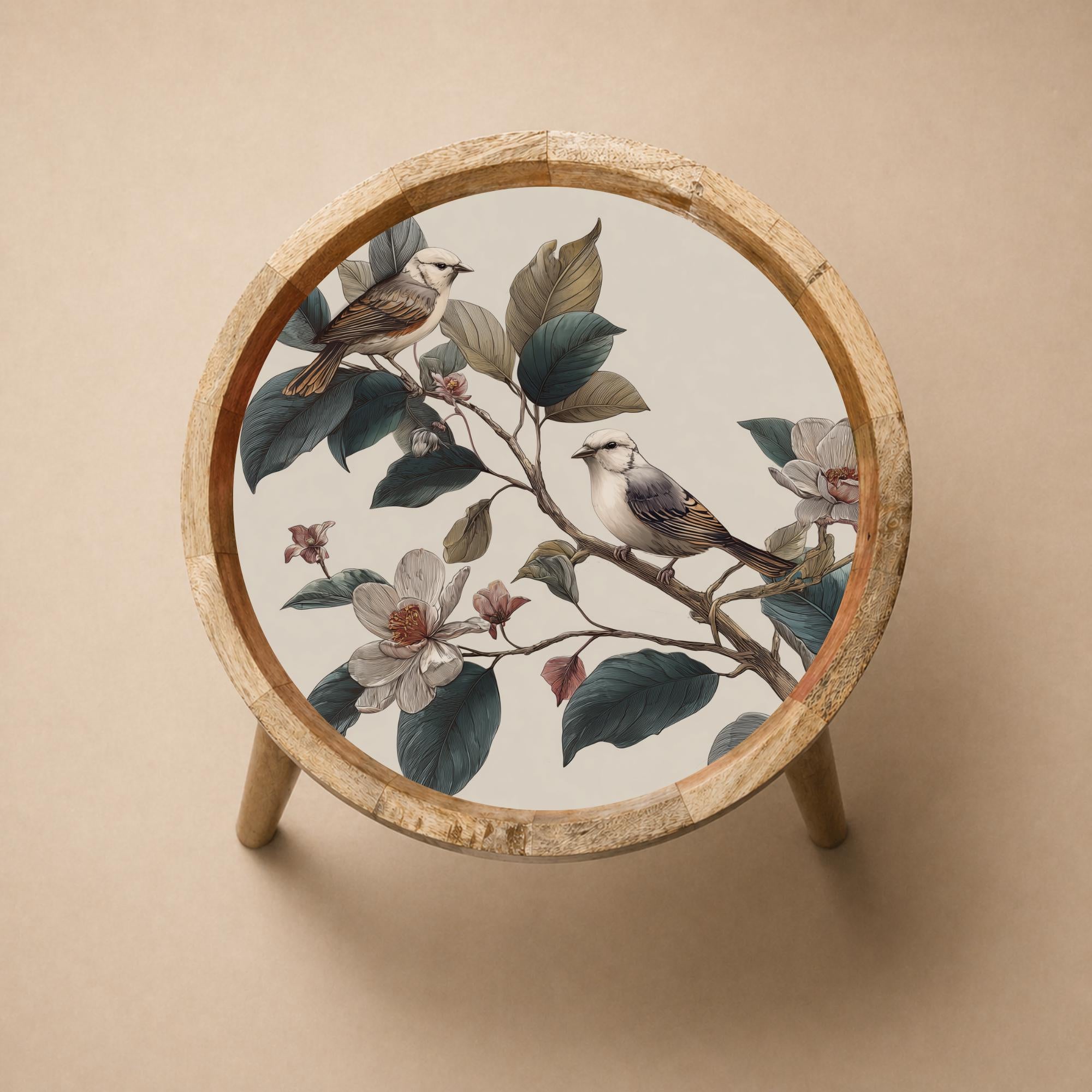 Handmade Mango Wood Bird Print Side Stand | Nature Printed End Table | Round Accent Furniture