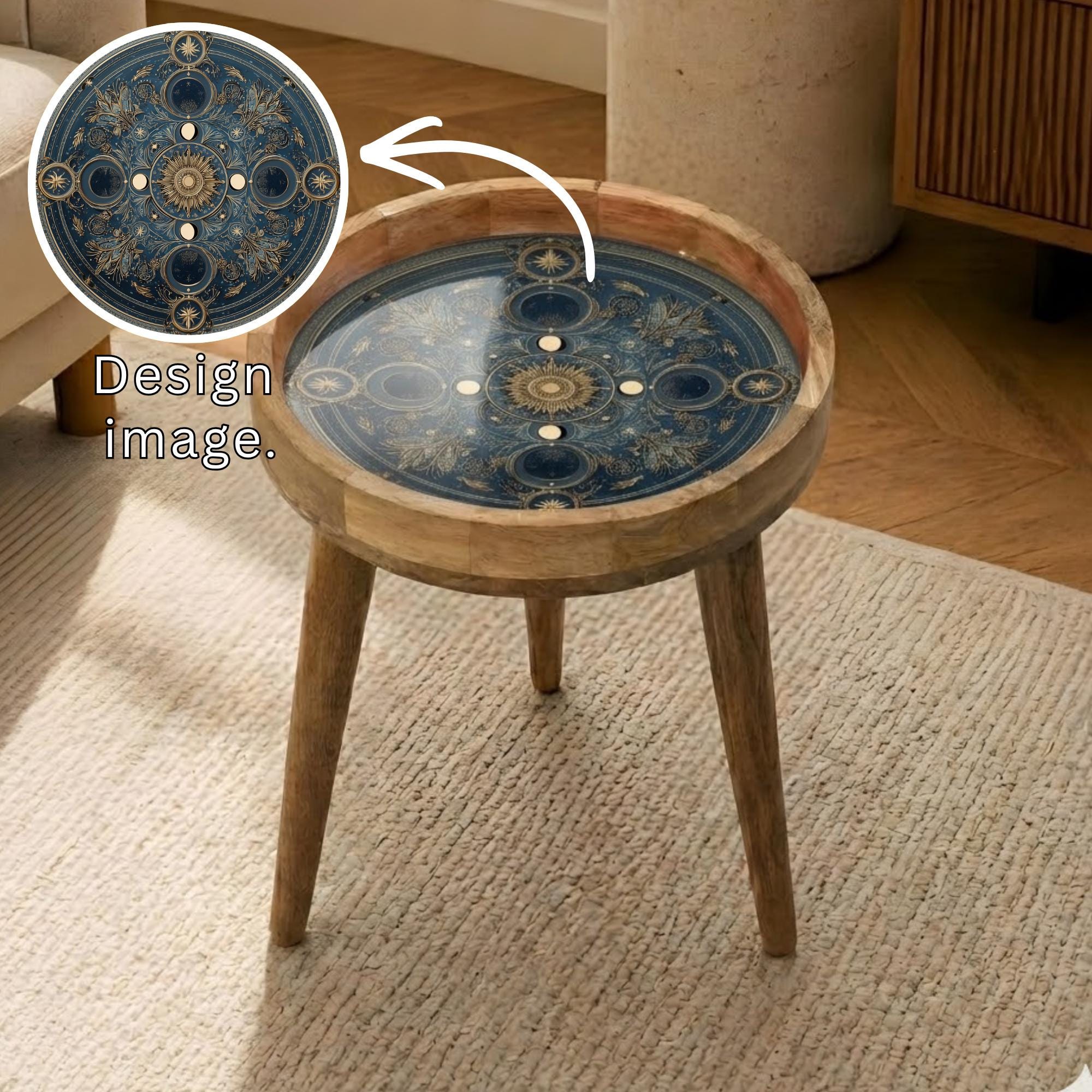 Handmade Mango Wood Mandala Side Stand | Blue Printed End Table | Round Accent Furniture
