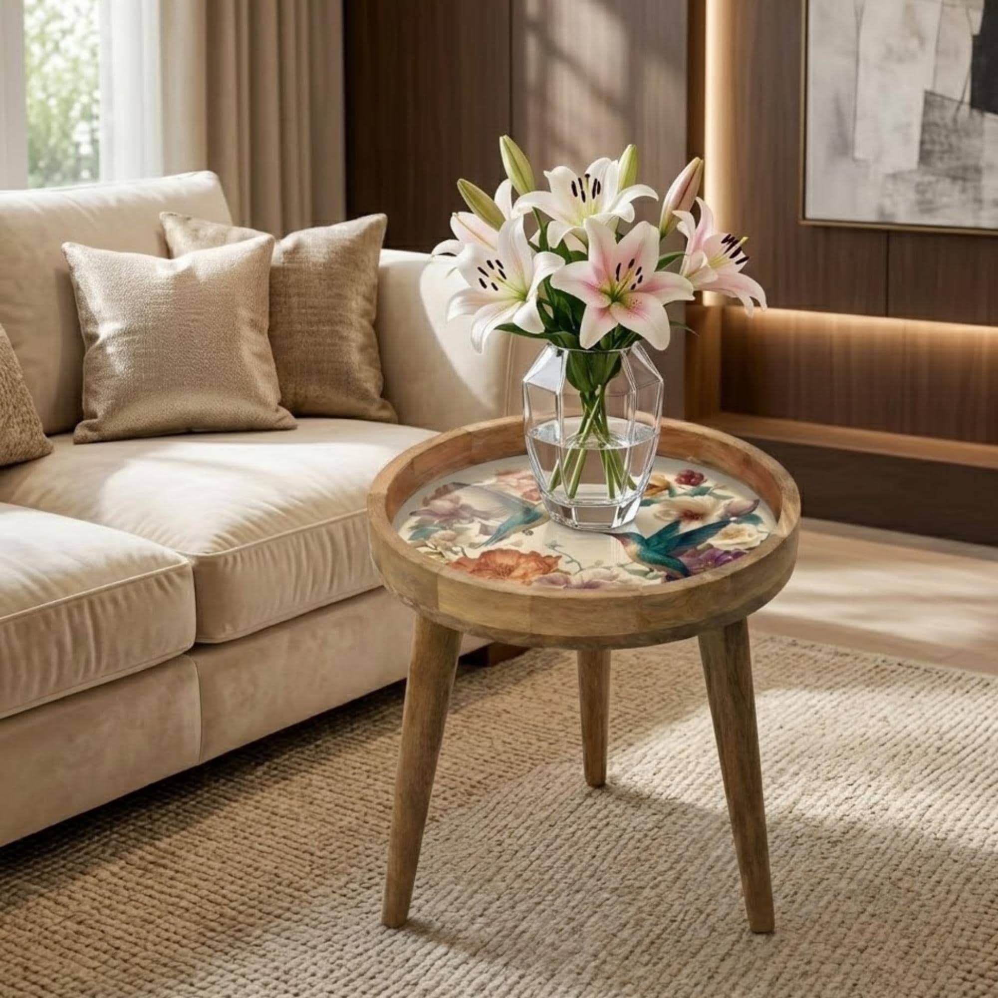 Handmade Mango Wood Hummingbird Side Stand | Floral Printed End Table | Round Accent Furniture