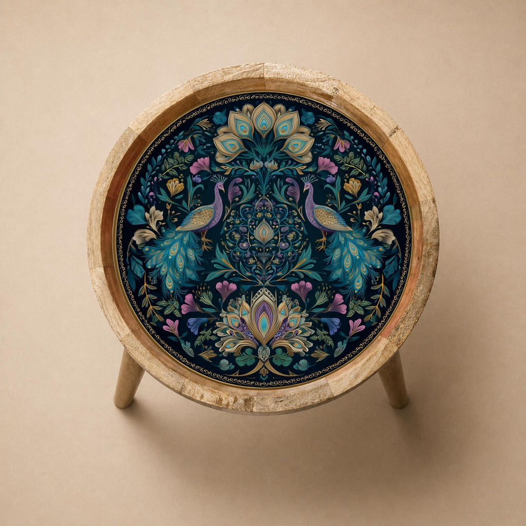 Handmade Mango Wood Butterfly Side Stand | Floral Printed End Table | Round Accent Furniture