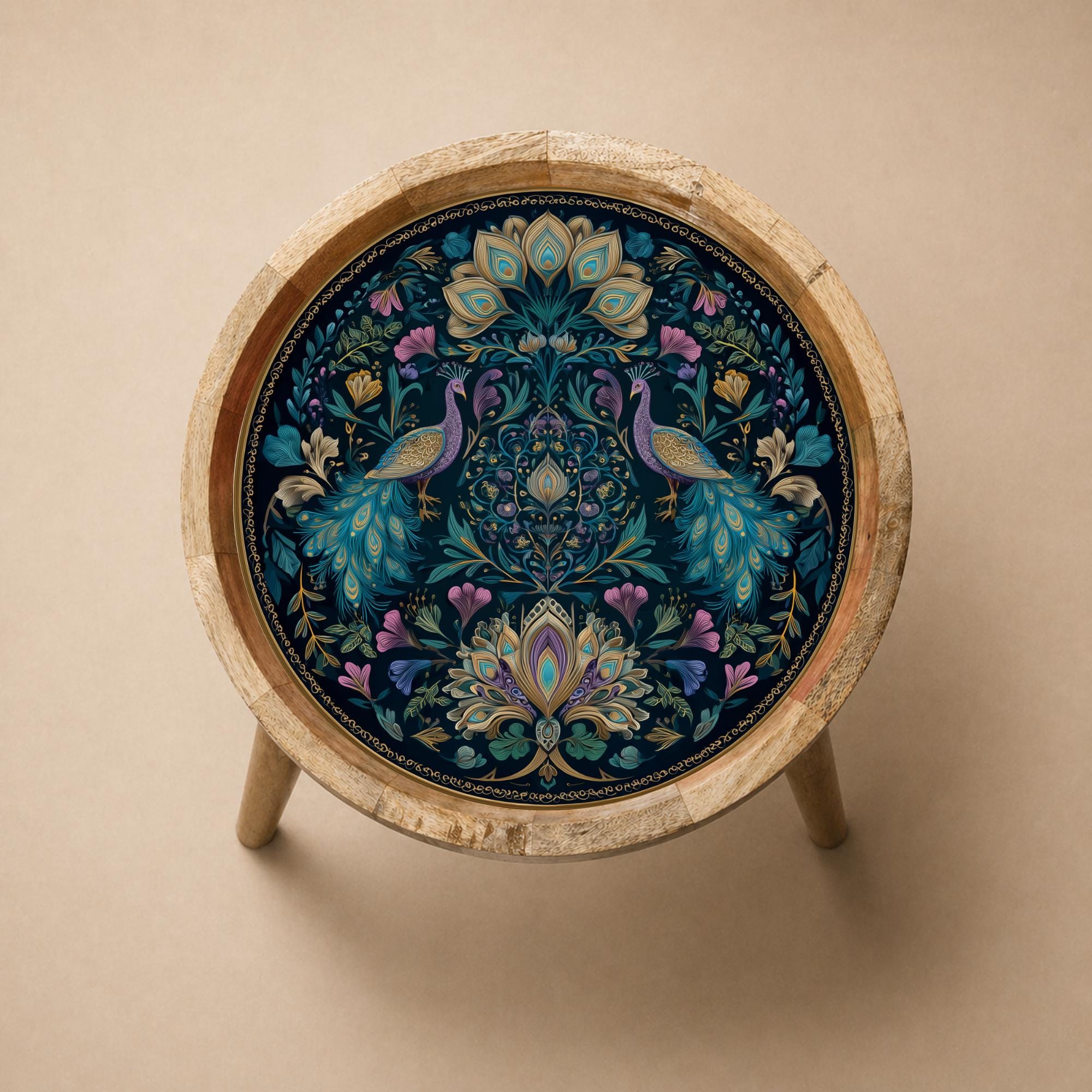 Handmade Mango Wood Butterfly Side Stand | Floral Printed End Table | Round Accent Furniture